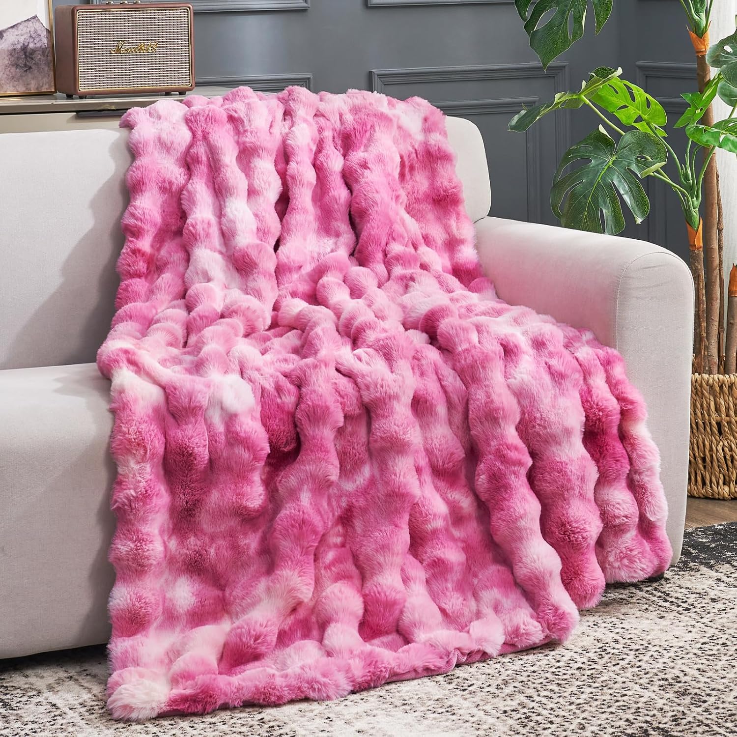 Cozy Bliss Faux Fur Throw Blanket for Couch, Fuzzy Soft Plush Thick Bubble Blanket for Sofa Bedroom Living Room, 50 * 60 Inches Tie Dye Pink - Image 5