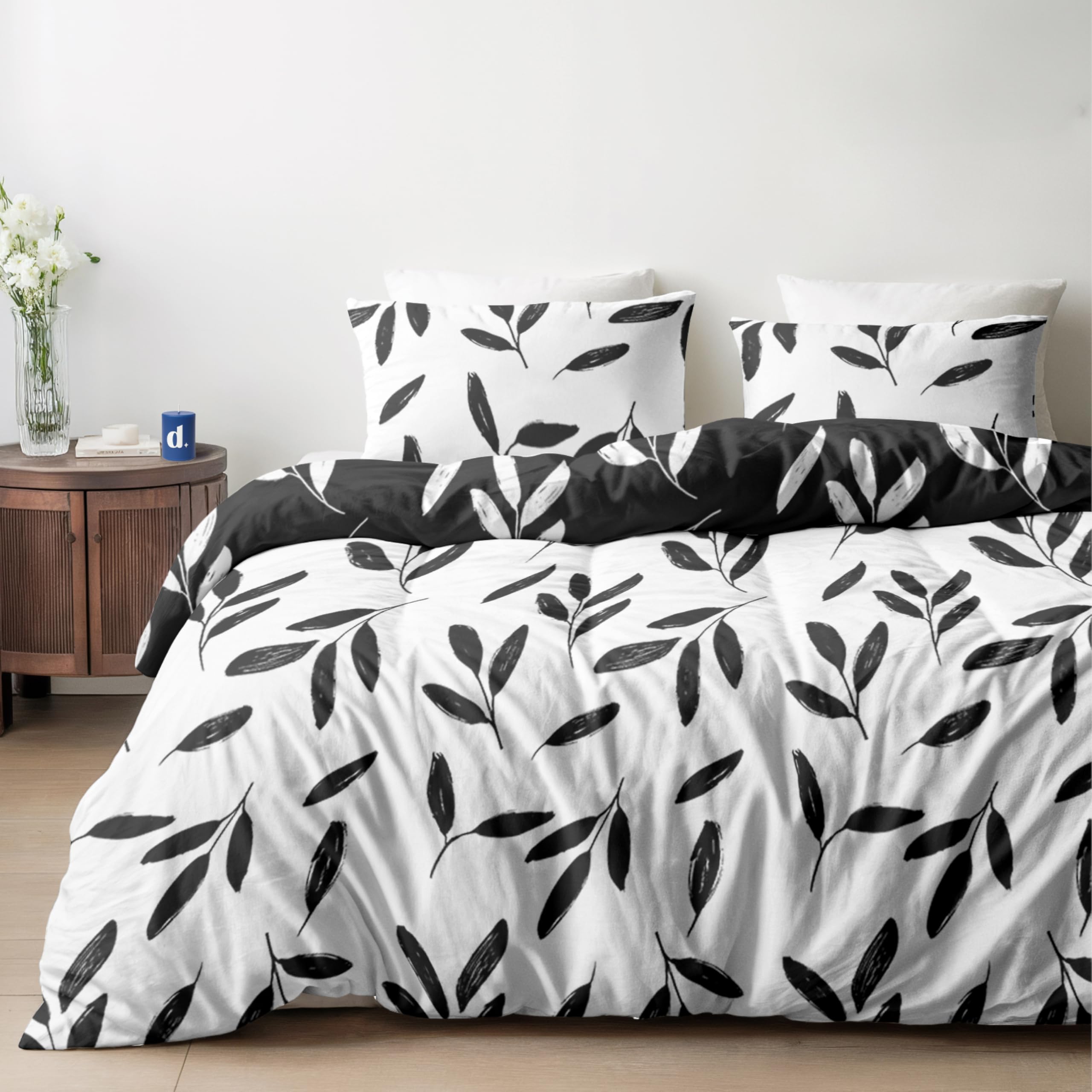 Dreamzie Bettwäsche Set 200x200 cm mit 2 Kissenbezügen 80x80 cm – Blumenmuster Schwarz-Weiß – Bettwäsche für Erwachsene aus 100% Mikrofaser – Oeko-Tex Zertifiziert – Ohne Schadstoffe