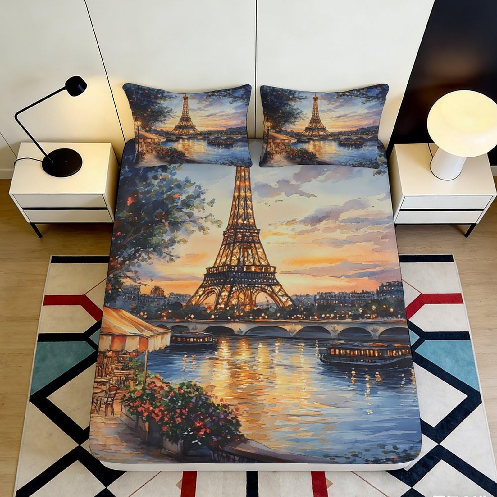 3D Printed Eiffel Tower Sunset Fitted Sheet Microfiber Soft Breathable Paris River Bed Cover for Bedroom Guest Room Decor 200x200x25cm