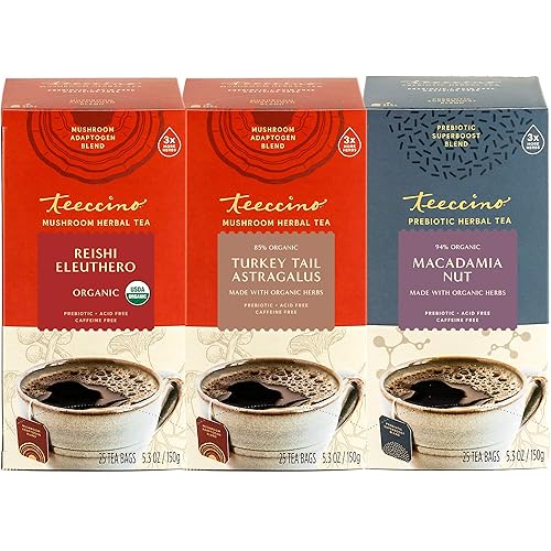 Teeccino Paquete variado de té de hierbas  Reishi Eleuthero French Roast, pavo cola astrágalo y nuez de macadamia  Champiñones y hierbas