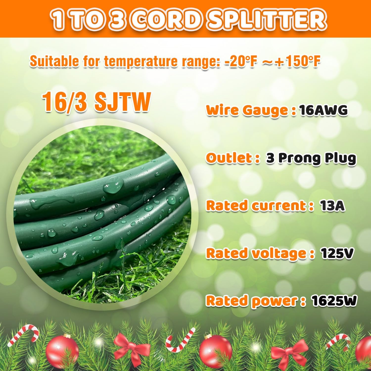 25Ft Outdoor Extension Cord 1 to 3 Splitter, Multi Outlet Power Cord, Evenly Spaced 3 Outlets Plugs with Safety Cover, 16/3 SJTW Weatherproof for Outdoor String Lights and Holiday Decorations