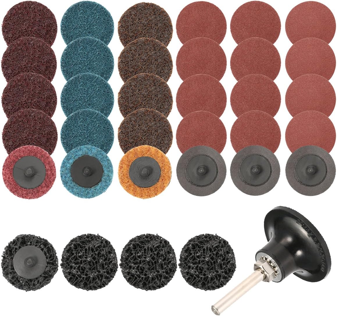 35Pcs Sanding Discs Set 2 inch Quick Change Discs Surface Conditioning Discs with 1/4 inch Tray Holder for Surface Prep Strip Grind Polish Finish Burr Rust Paint Removal