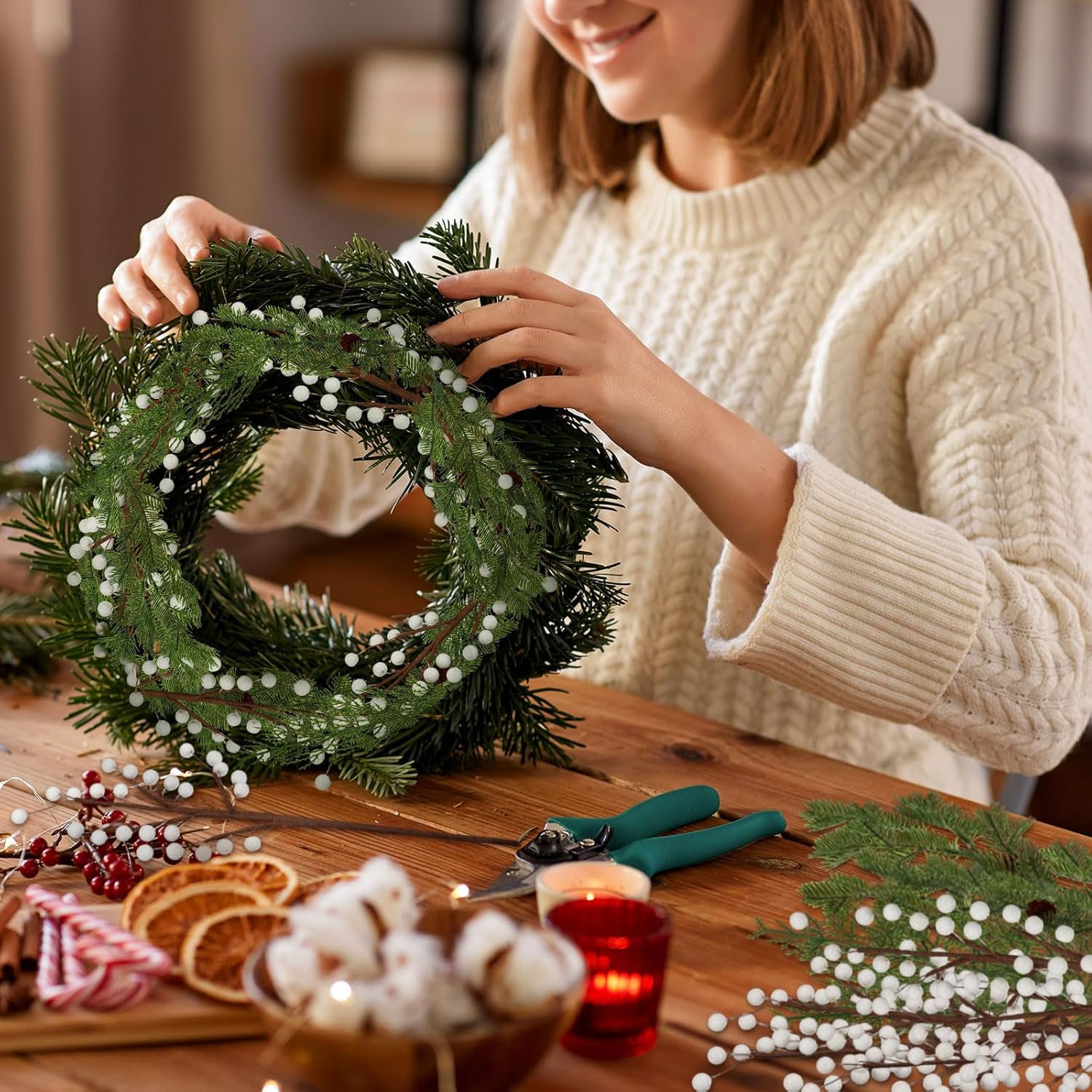Tigeen 30 Pcs Christmas Artificial Pine Branches with Berry Stems 16 Inch Christmas Greenery Stems with Pinecones Faux Cedar Pine Needles Picks for Xmas Tree Vase Wreath Garland DIY(White)