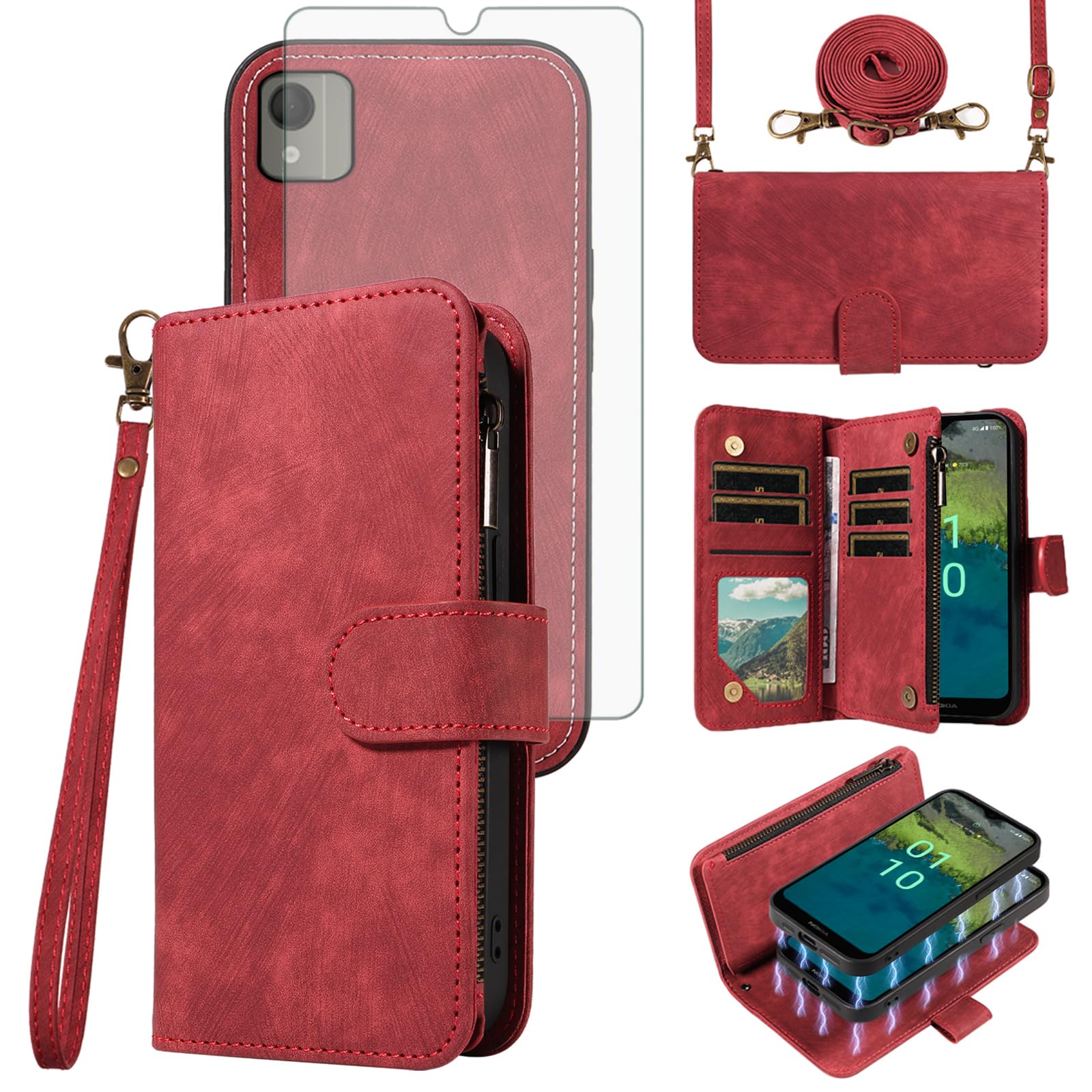 Asuwish Phone Case for Nokia C110 Zipper Wallet Detachable Magnetic Cell Cover with Tempered Glass Screen Protector Crossbody Lanyard Strap Flip Card