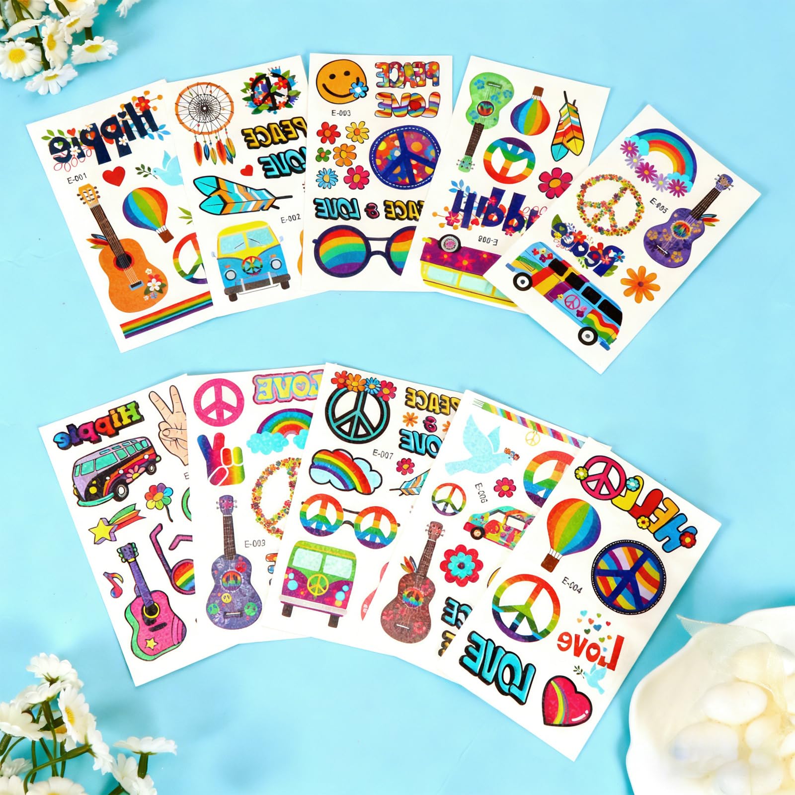 Hippie Tattoos 20 Blatt – Temporäre Flower-Power-Tattoos Für Kinder & Erwachsene, über 100 Motive, Party & Festival