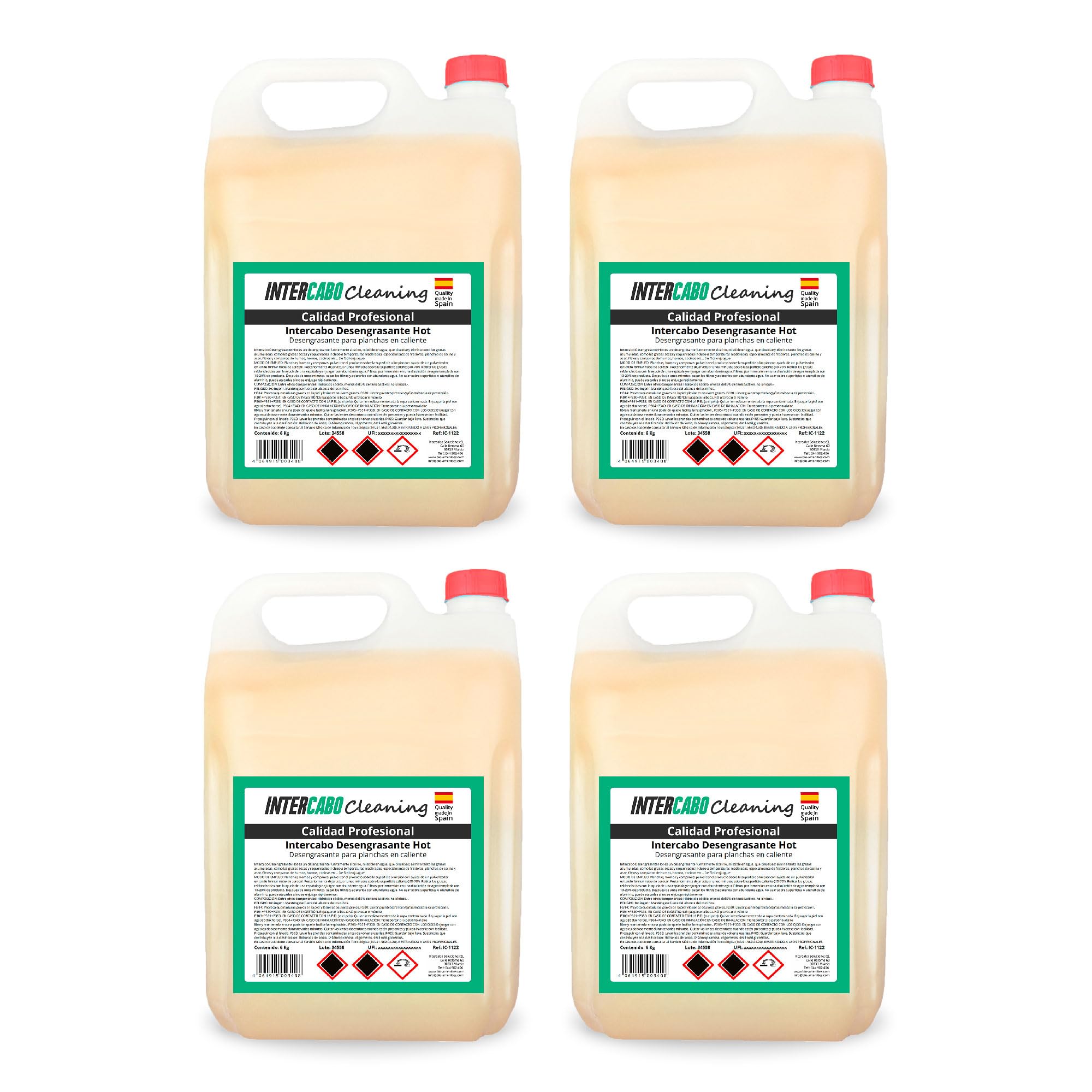 Pack 4 garrafas desengrasante profesional 6 kg - total 24 kg - quitagrasas concentrado para planchas y hornos calientes - limpieza intensiva en cocinas industriales y hoteles - Intercabo