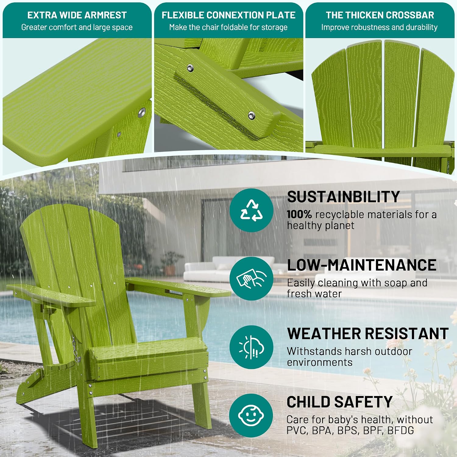 PLUUV Folding Adirondack Chair Set of 2, Hdpe All-Weather Patio Chairs with Cup Holder, Wooden Textured Fire Pit Chairs, Outdoor Chair for Poolside, Backyard, Deck（Light Green）