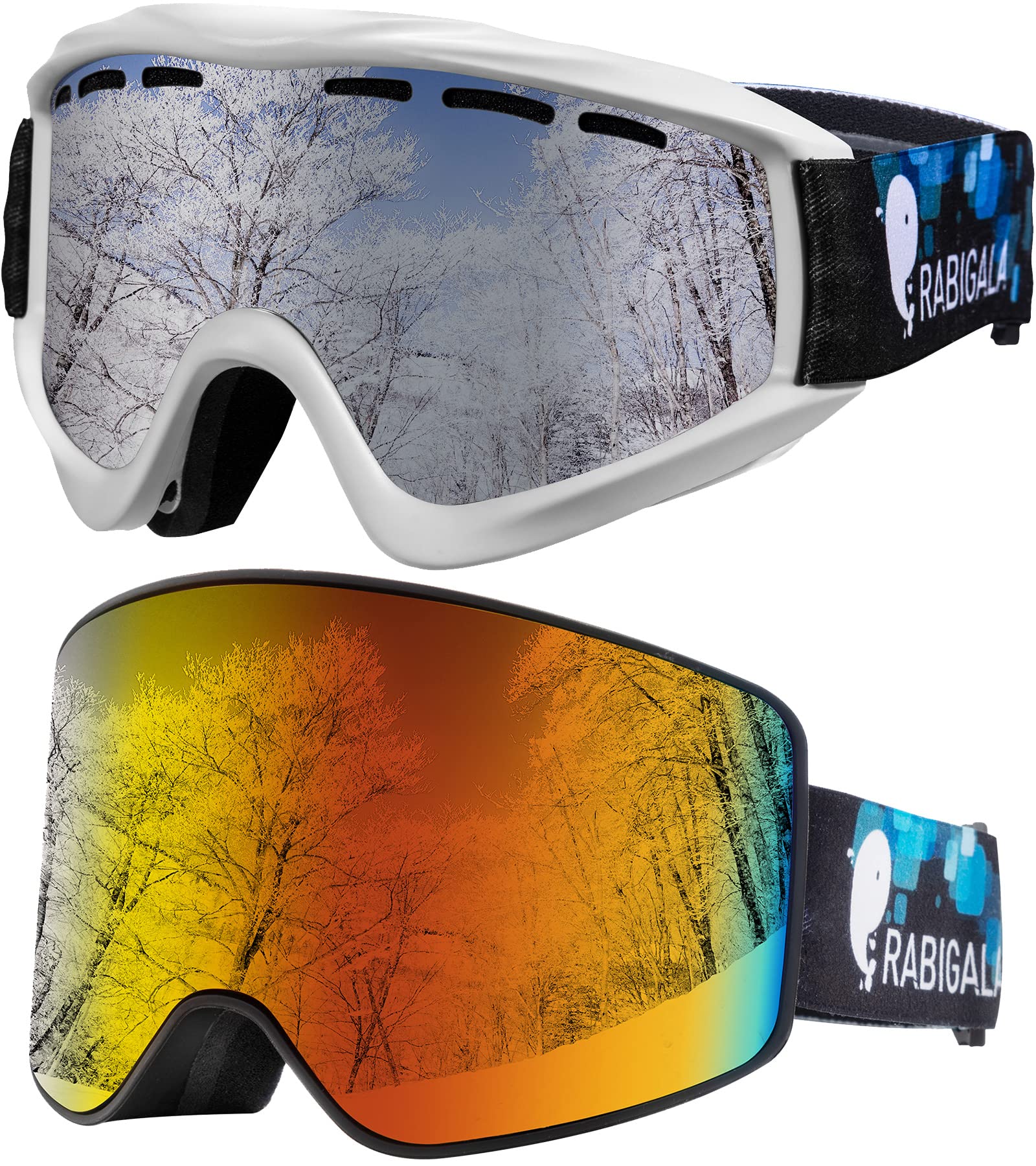 RABIGALA Adult Ski Goggles Bundle with Ski Goggles Frameless (silver&revo)