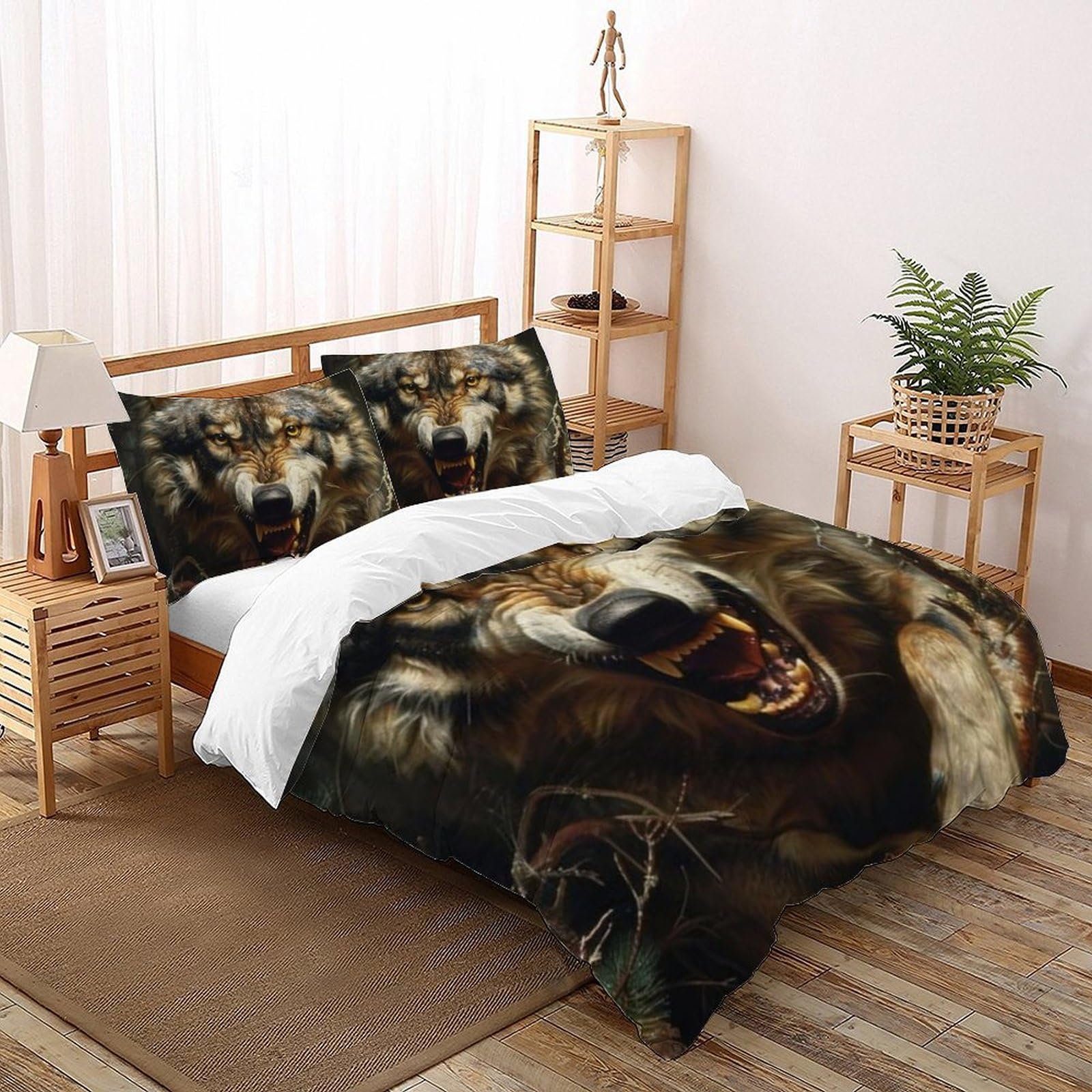 Housse de couette loup imprimé 3D relief parure de lit microfibre animaux avec taies d'oreiller