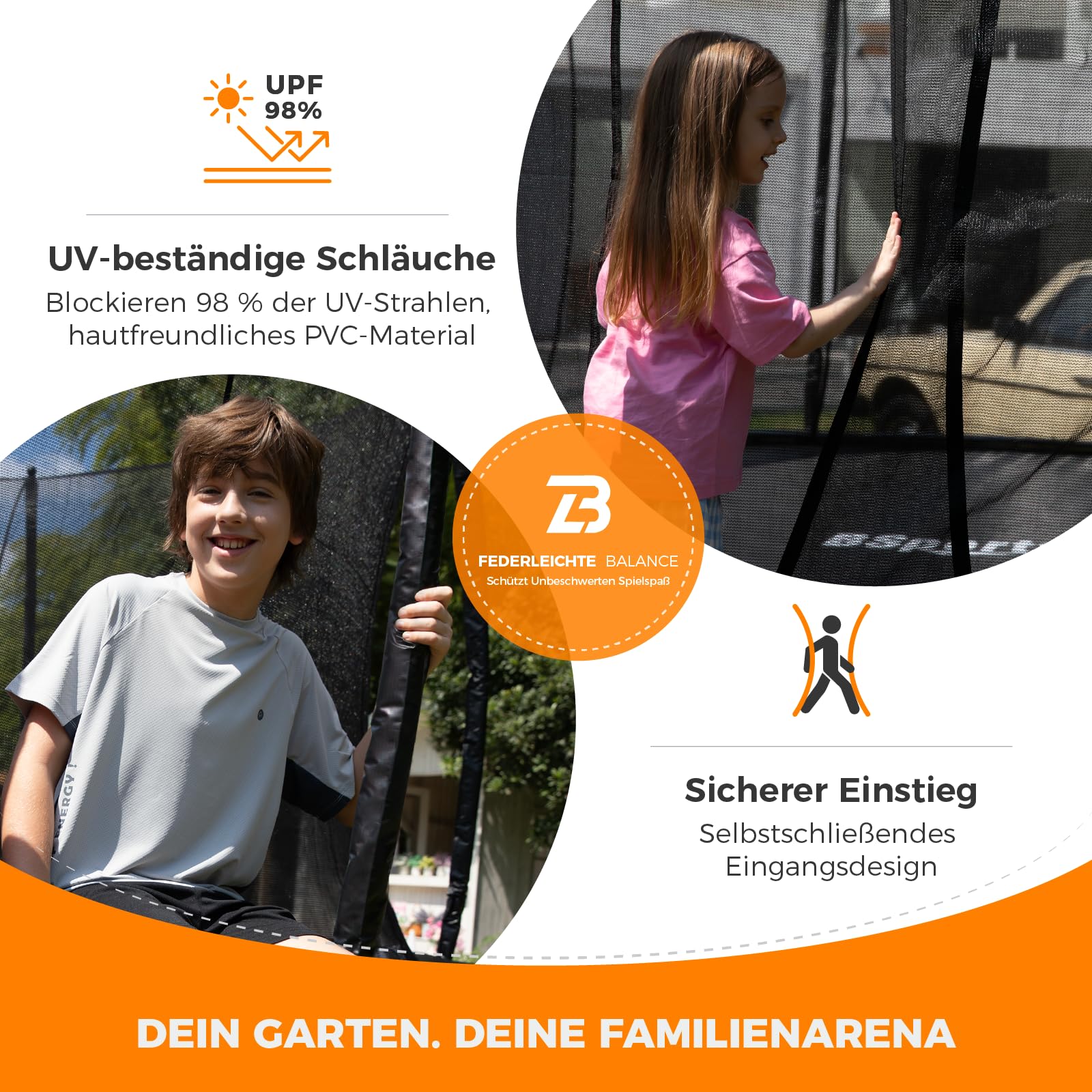 Trampolin Outdoor 305 cm mit Sicherheitsnetz, 5 verstärkte U-förmige Beine mit Mittelstütze, ASTM-Zertifiziert, Freizeittrampolin für Kinder und Erwachsene
