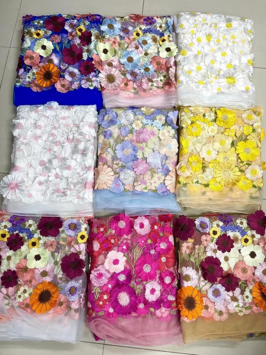 51" Width Heavy Embroidery 3D Flower Applique Tulle Nigerian Lace Fabrics for Bridal Party Wedding Dress Costume Accessories (1Yard,White Yellow)