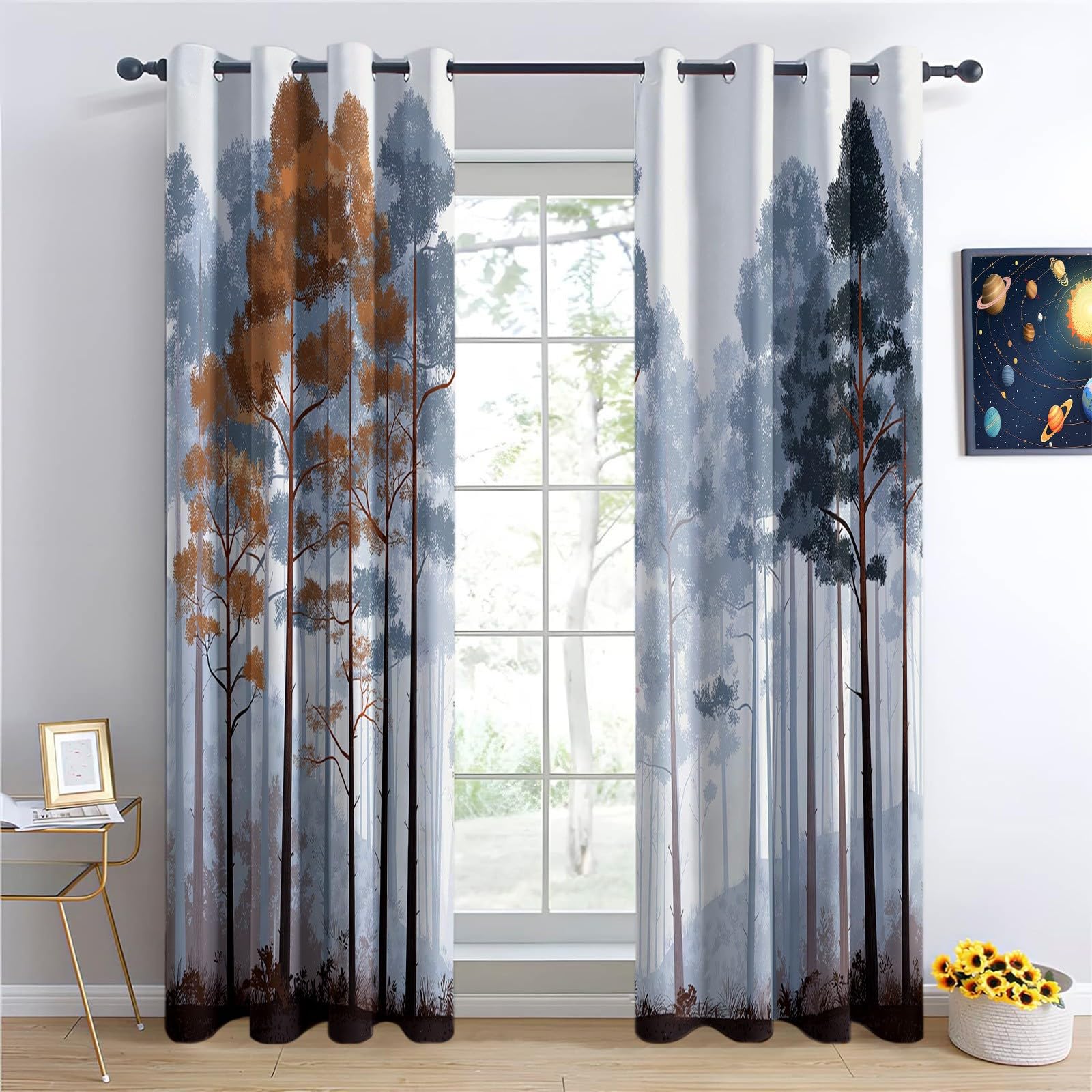 Cortinas Opacas Viento Natural 100% Opacas 140 An X 245 Al Cm 2 Paneles, Cortinas Ojales Minimalismo Bosque Plantascortina Térmica Protección Contra El Fríopara Niños Dormitorio Cocina Cafeteríagris