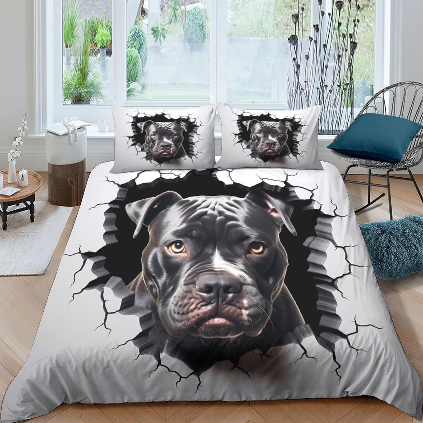 Ctjqhvkz Style-9 3D Printed Black Pitbull Fitted Sheet Microfiber Soft Decorative Cracked Wall Bed Cover For Bedroom Guest Room Decor Single（135X200cm）