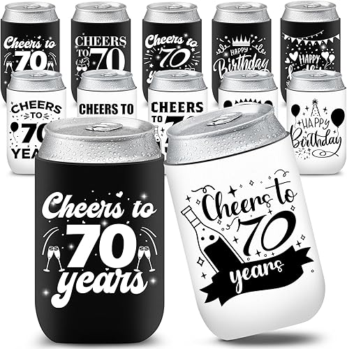 12 fundas enfriadoras para latas de cumpleaños de 70 años, color blanco y negro, decoraciones de cumpleaños 70 para hombres y mujeres, recuerdos de