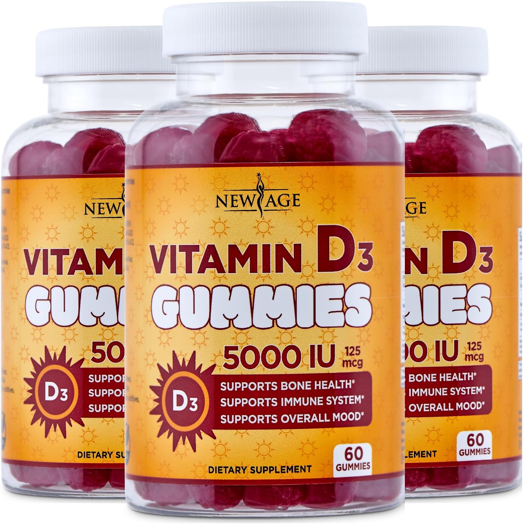 NEW AGE Vitamin D3 5000 IU 125mcg Gummies - Immune Supplement - Non-GMO, Gluten-Free, Dairy-Free, No Gelatin (180 Gummies (Pack of 3))