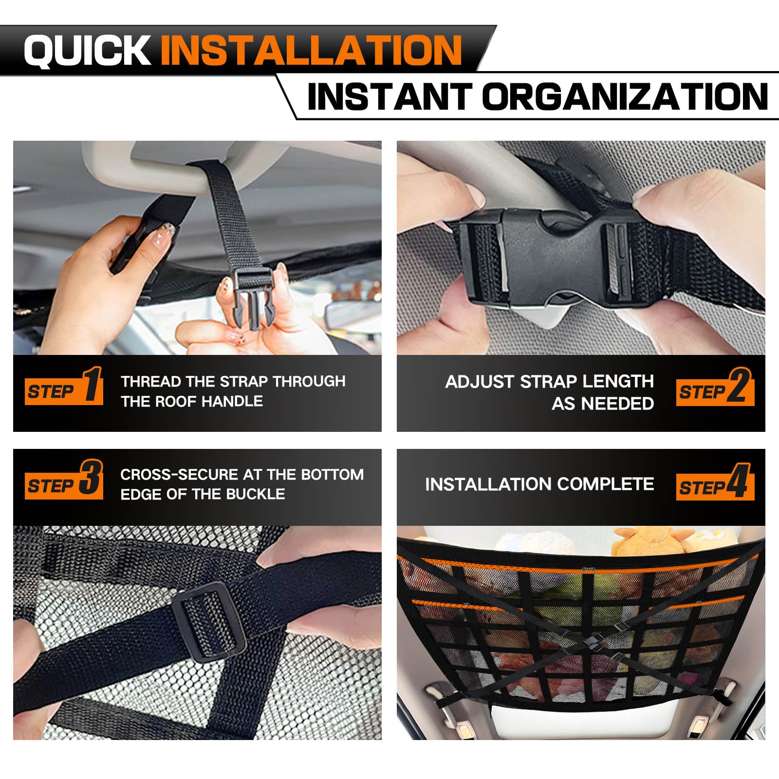 Filet de Rangement pour Toit de Voiture, Filet Plafond 90x65 cm | Organiseur Élastique en Maille avec Sangles Réglables et Poches Zippées, Grand Sac Universel pour Voiture, SUV, Van