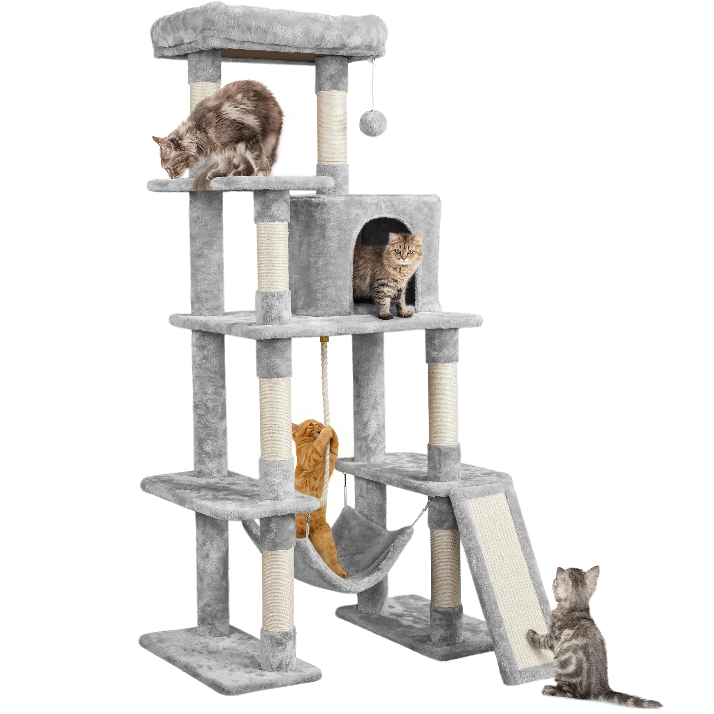Yaheetech Albero Tiragraffi per Gatti 159,5 cm in Sisal e Truciolato per Gatti Gattini di Piccola e Media Taglia con Condominio Posatoio Amaca Grigio Chiaro