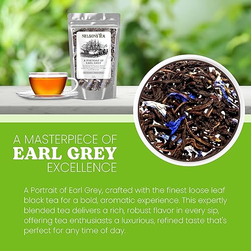 Vista 37 de Nelson's Tea - Té Earl Grey Hoja suelta - Té negro de frambuesa Earl Grey con frambuesas secas - Hoja suelta Earl Grey con pétalos de aciano