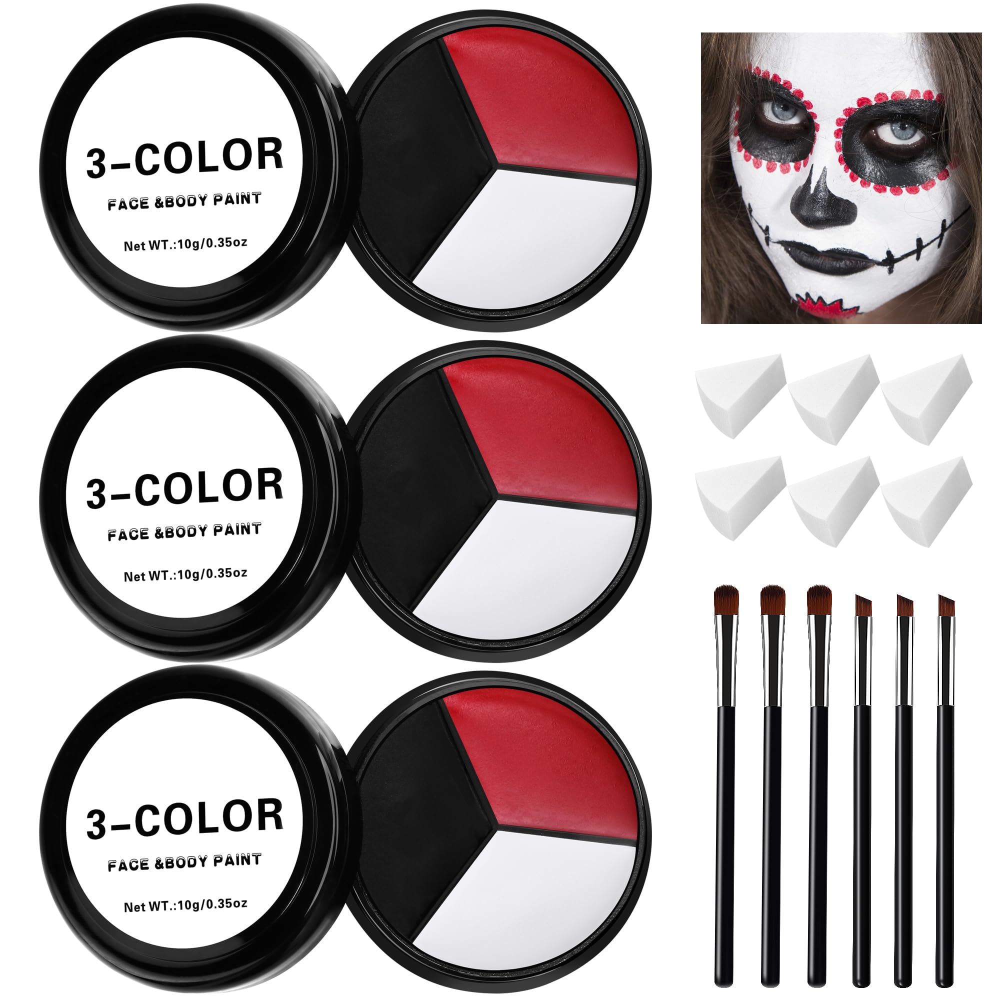 EBaokuup 3 Set Black White Red Face body Paint,3 Colors Clown Makeup Kit with Sponge and Brush,Joker Face Body Paint for Halloween Cosplay,Special Effect Makeup and Costume-Themed Party