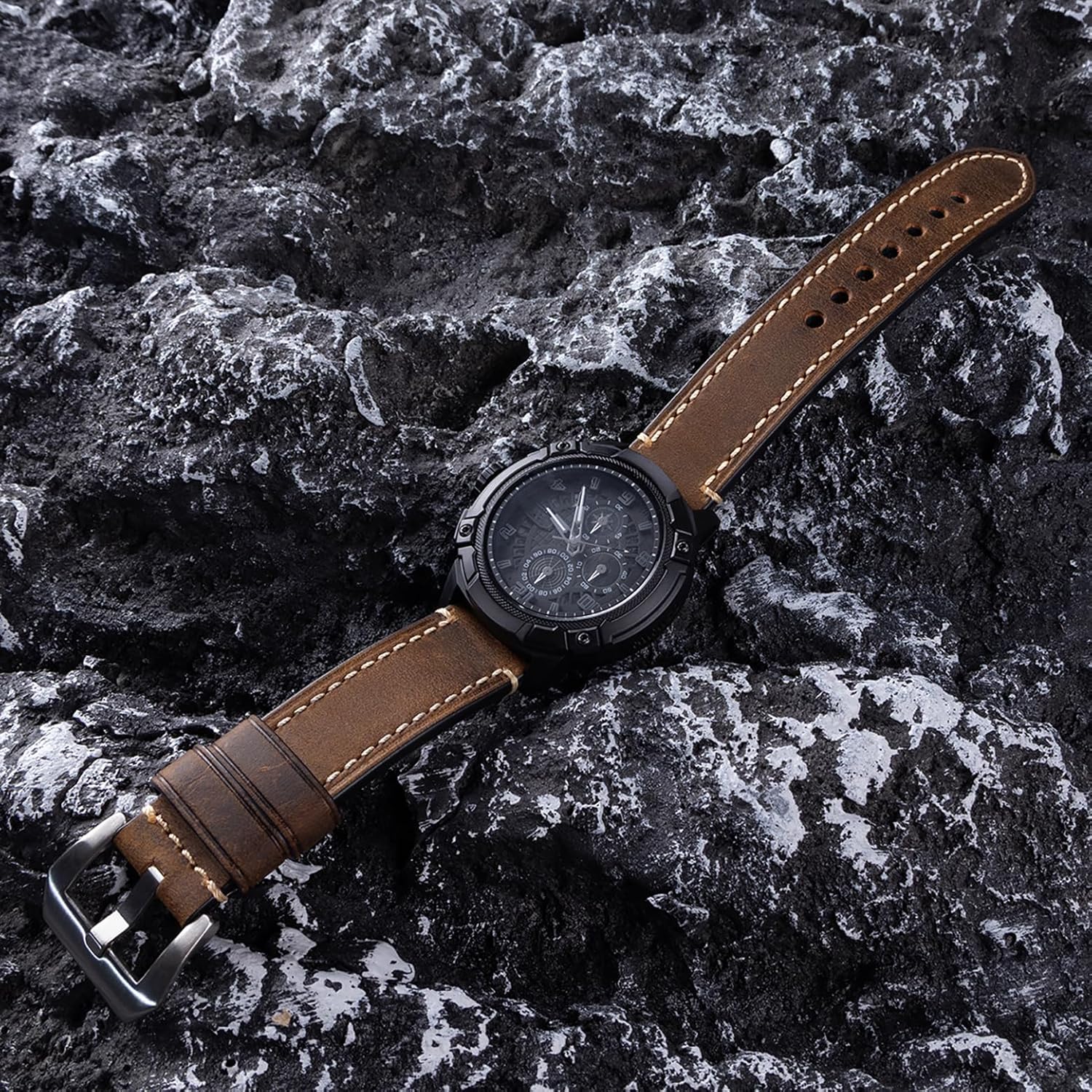 Dark Brown 22mm Genuine Leather Wristwatch Watch Band Oil Tan Vintage Strap for Men with Stainless Buckle - Image 2