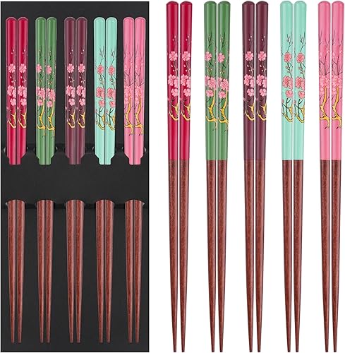 5 pares de palillos reutilizables de madera natural con estampado de flores, juego de palillos antideslizantes para fideos de arroz de sushi,