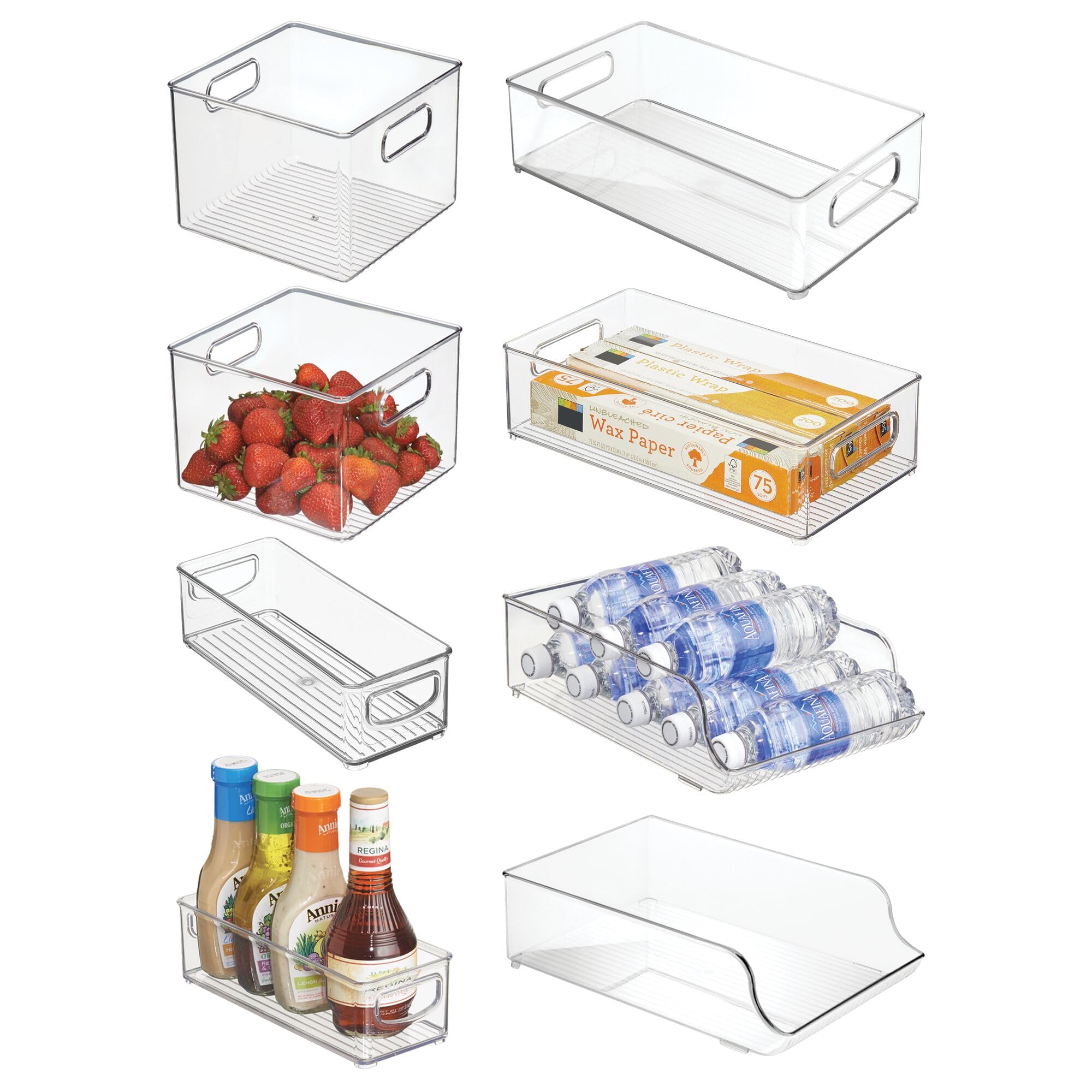 iDesign Fridge Storage Bin Set - Includes Bins with Handles and Water Bottle Holder, Set of 8, Clear