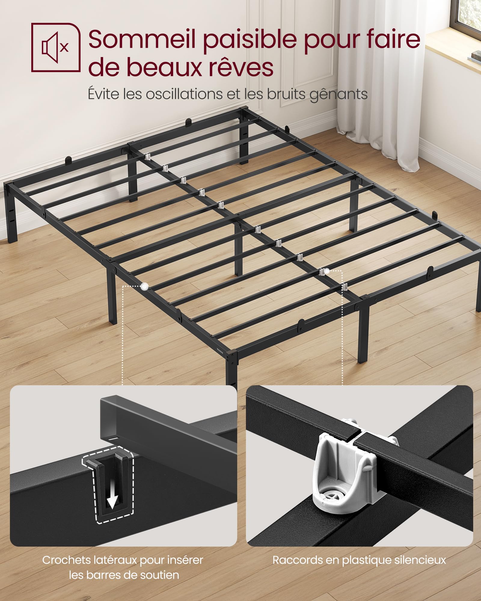 VASAGLE Lit 140 x 190 avec sommier, Cadre de lit Double en métal, 9 Pieds Robustes supporte 450 kg, Espace de Rangement, Montage Facile, Noir d'encre RMB133B01