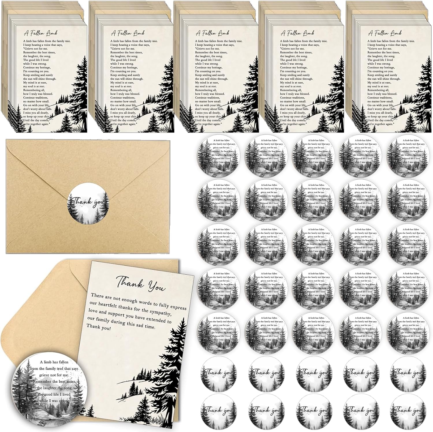 Bulk 50 Sympathy Thank You Cards with Envelopes for Funeral Favors, Round Engraved Wooden Memorial Keepsakes Pocket HugTokens Gifts, Funeral Wake Celebration of Life Decorations Ideas (Forest)