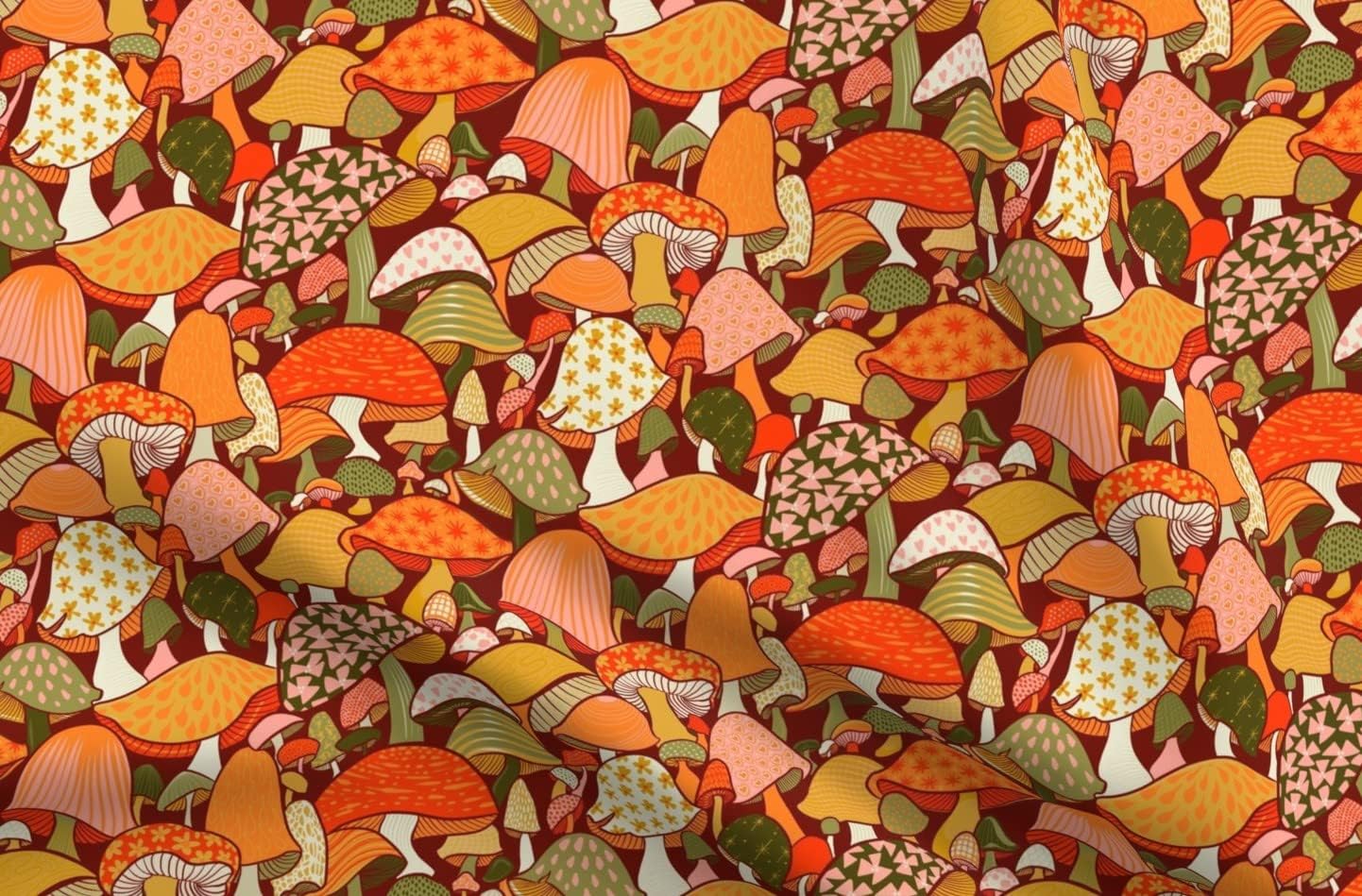Spoonflower Fabric - Orange Psychedelic Hippie Groovy 70S Seventies 60S Sixties Mushrooms Printed on Organic Cotton Sateen Fabric by The Yard - Sewing Quilting Apparel Home Decor