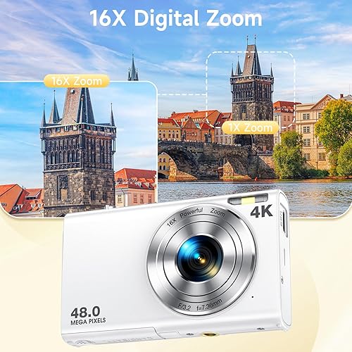 Miniatura 5 de Cámara digital, enfoque automático de 48 megapíxeles UHD 4K para videoblogs, zoom digital 16X, cámara digital compacta portátil de apuntar y