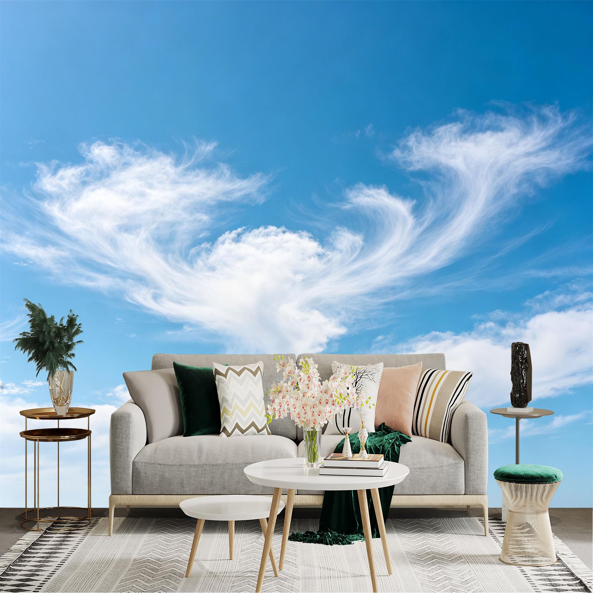Lnzczhyre Dbh260521872 Custom Size Wall Sticker Mural， Fluffy White Clouds， Clear Blue Sky， Surreal Sky Scenery， Natural Atmosphere， For Wall Decoration， Peelandstick Wall Decals.