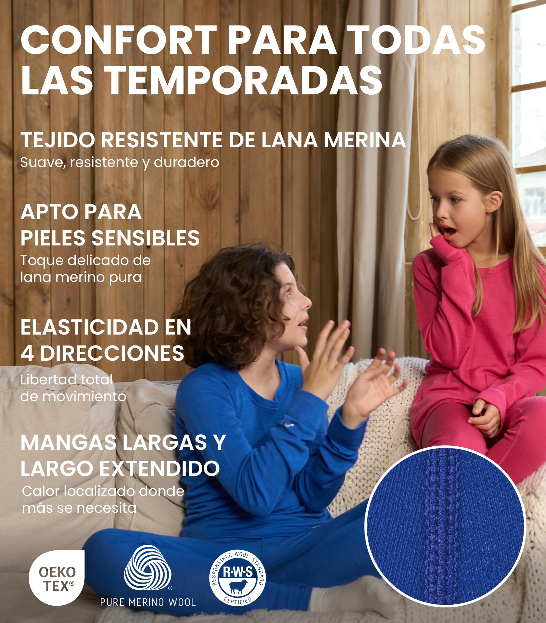 Merino.tech Conjunto Lana Merino Niños - Ropa Térmica Camisa Pantalones Gorro