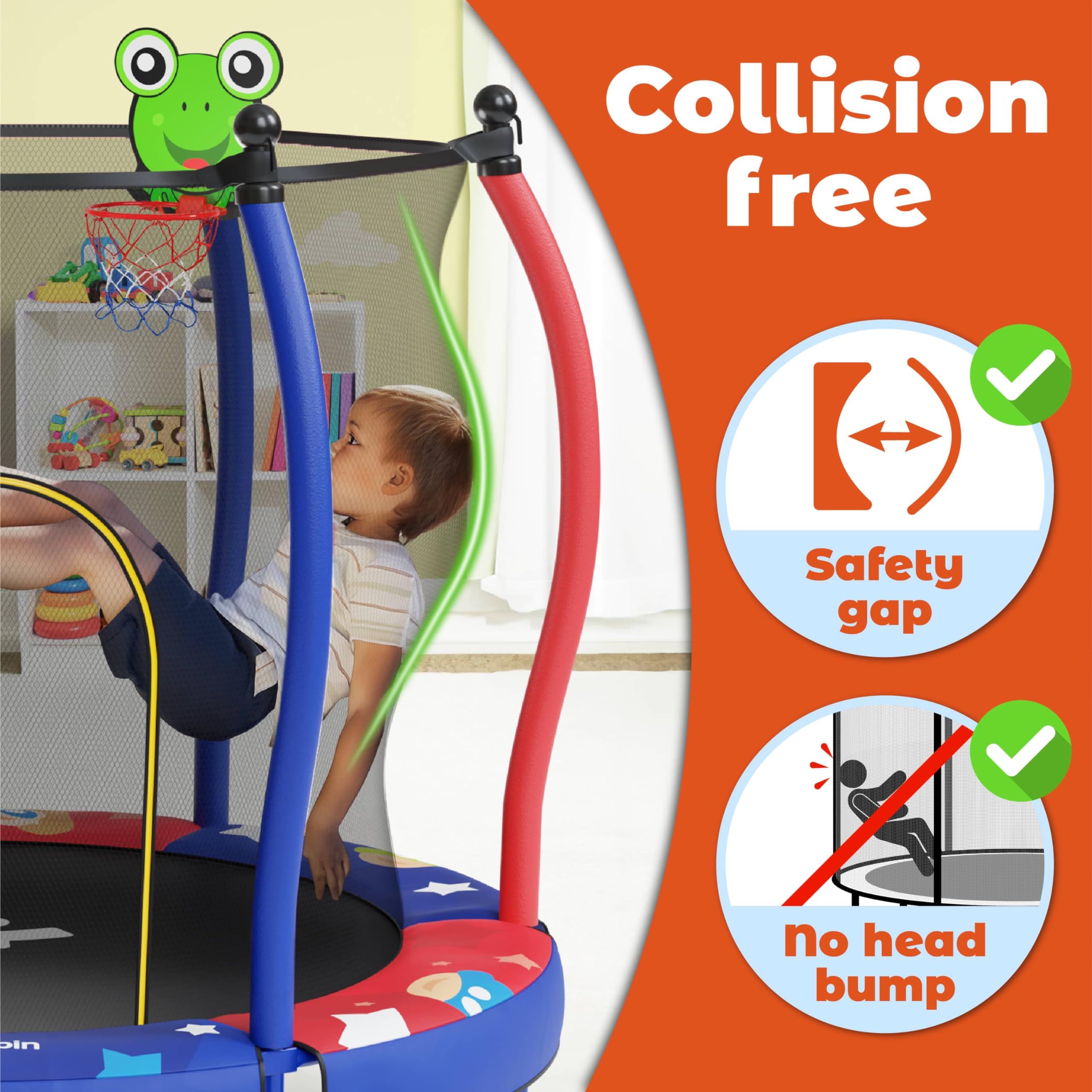 Happin® Trampolino da 140 cm per bambini da 1 a 6 anni, mini trampolino ultra sicuro per bambini, con rete di sicurezza, regalo per compleanno con canestro da basket