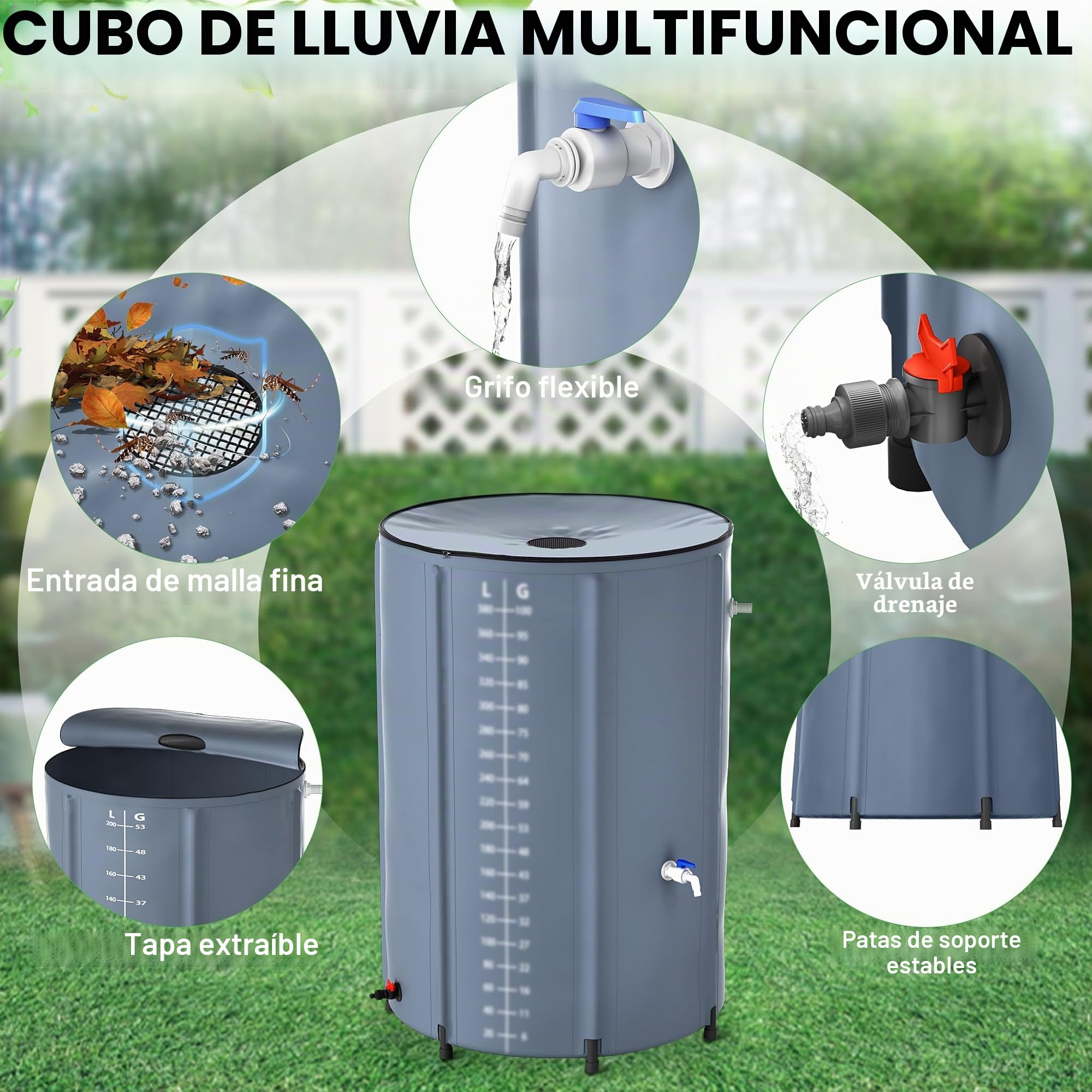FIVMEN Depósito de Agua Lluvia 750 litros Barril de Lluvia Tanque de Agua Plegable Contenedor Agua de PVC con Tapa y Grifo, Gris Oscuro