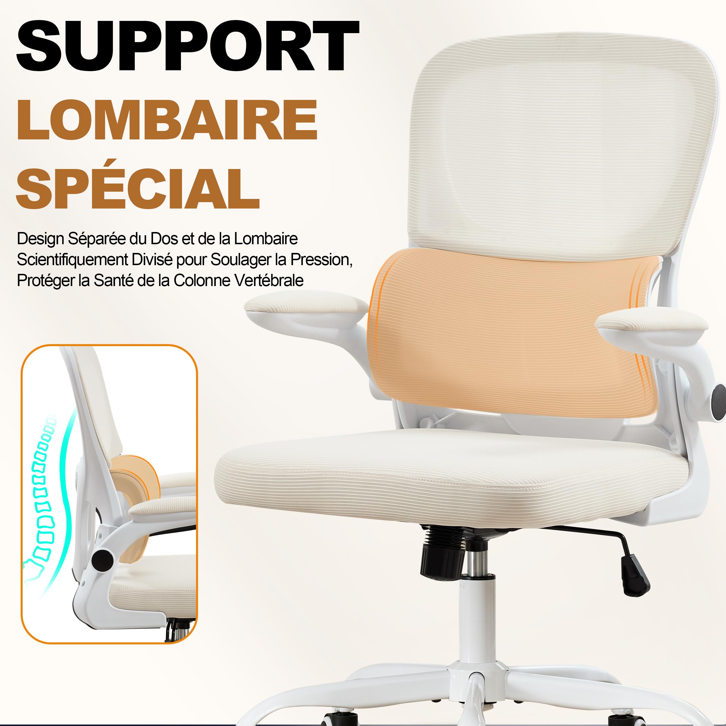 UEV Chaise de Bureau Ergonomique, Fauteuil avec Accoudoirs Réglables, Beige