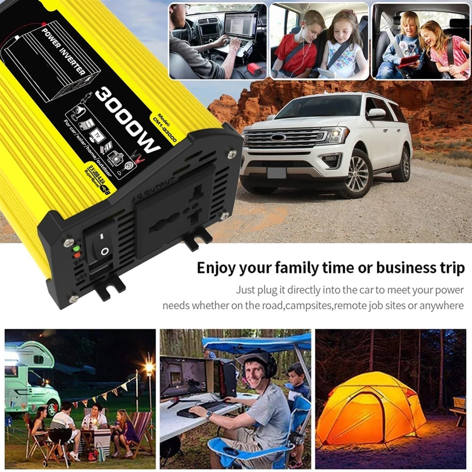 Onduleur de Puissance Onduleur de Puissance Intelligent 3000 W DC 12 V vers AC/Double Chargeur Voiture USB convertisseur d'onde sinusoïdale modifiée onduleur Portable(Zwart)