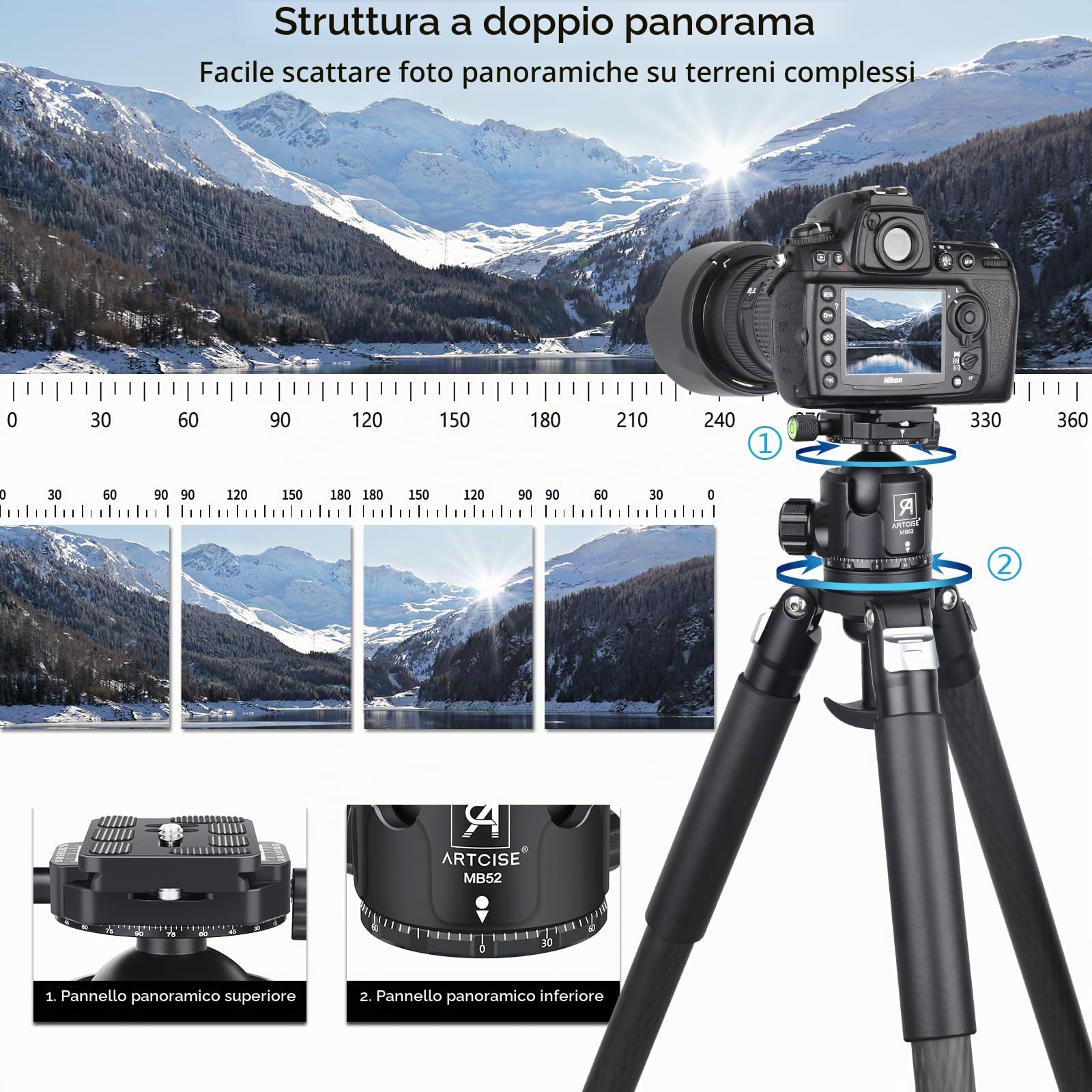 ARTCISE Testa a sfera a basso profilo, MB52B Testa per treppiede da 52 mm con 2 pezzi da 1/4" Arca Swiss Piastra a sgancio rapido per treppiede, monopiede, fotocamere, DSLR, carico massimo 30 kg