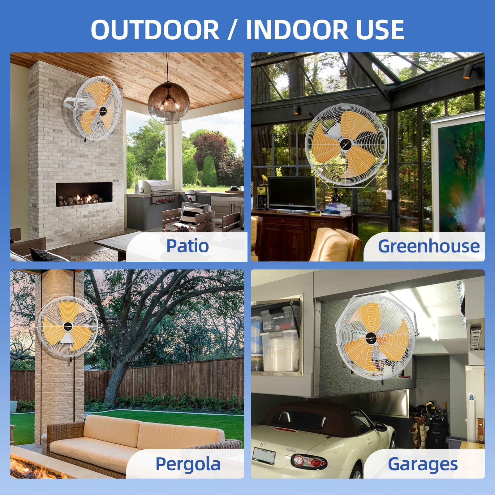 Ventilador de metal de pared para exteriores de 18 pulgadas, IPX4, impermeable, 5200 CFM, ventilador de grado industrial ajustable de 3 velocidades con motor sellado para patio, garaje, 7