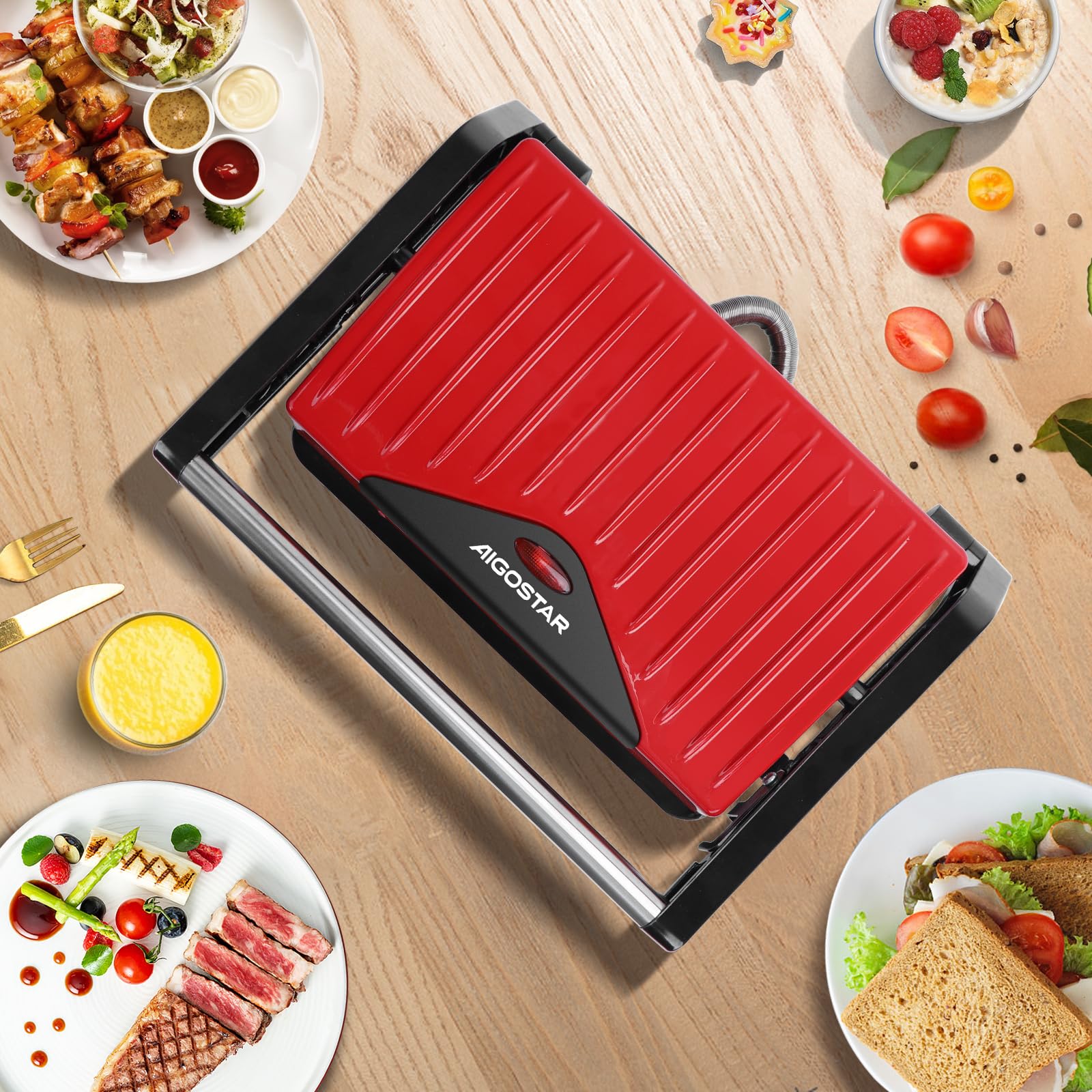 Aigostar Warme 30HHH – Opiekacz Panini/Grill kontaktowy, 700 W, Nienagrzewająca się rączka, Powłoka nieprzywierająca, Wskaźnik pracy, bez BPA, Czerwony, Ekskluzywny Design.