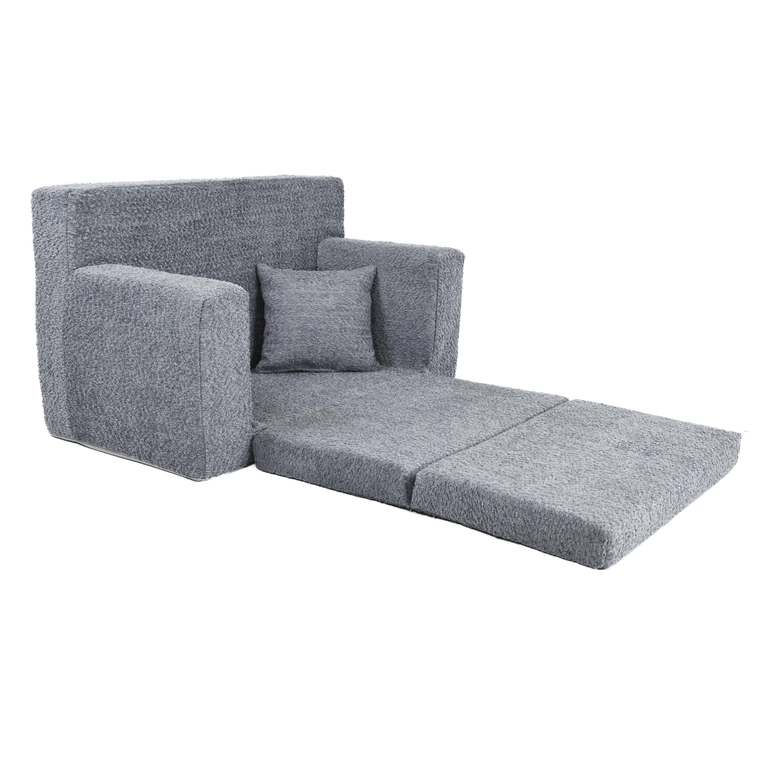 FORTISLINE Kindersofa aus Teddy-Stoff, ausklappbar, 83x43x47 cm, Kindercouch aus Schaumstoff mit abnehmbarem Bezug, Oeko-TEX, hergestellt in der EU, Grau