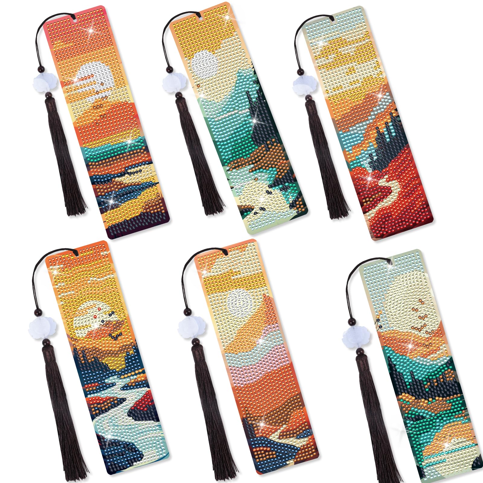 Sitsink Scenery Diamond Art Bookmarks - 6 Pcs Sunset Diamond Painting Bookmark Kits with Tassels, Sunrise DIY Gem Art Rhinestone Crafting Kit for
