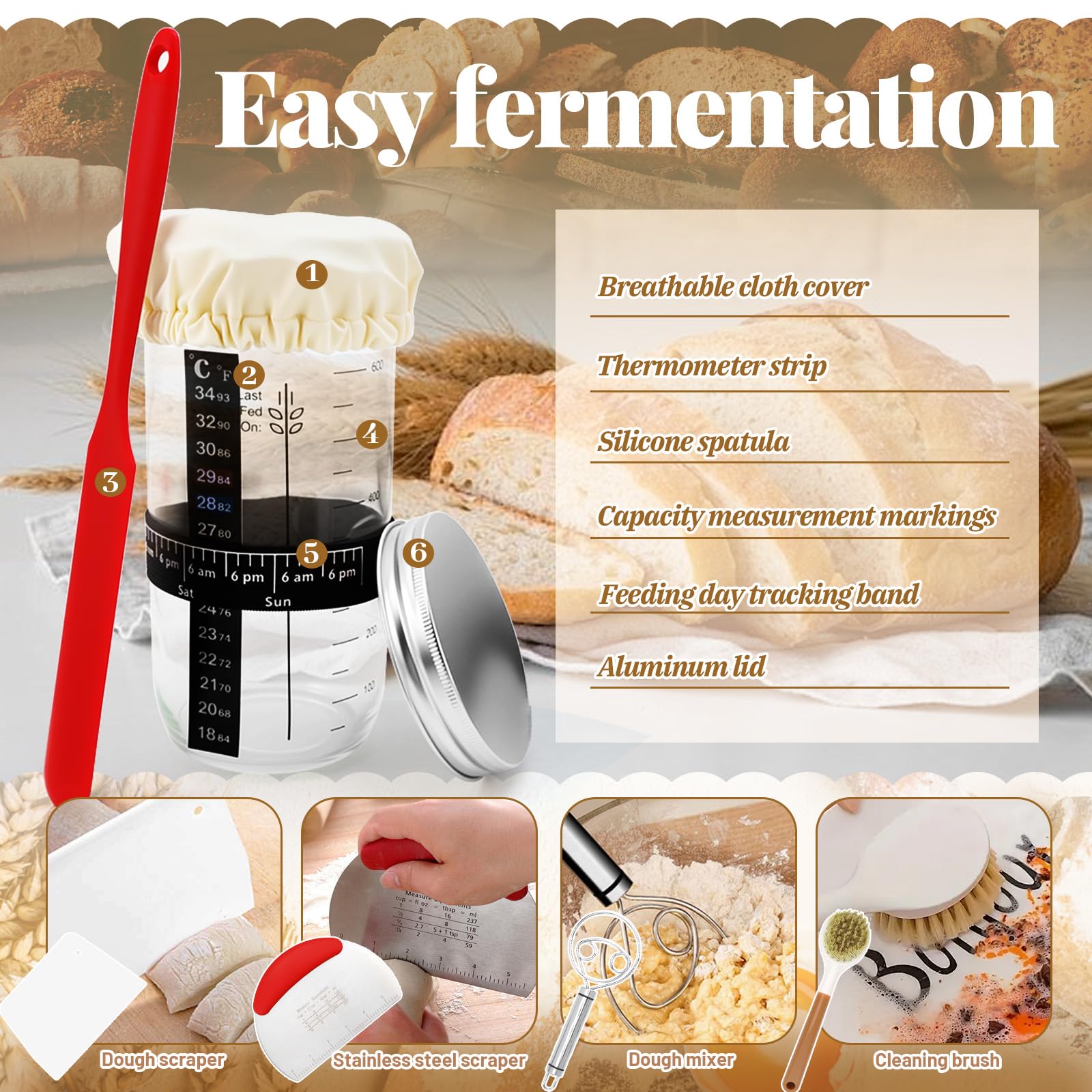 IIRC Set di base per pasta acida, cestino per pane, accessori per impasti acidi, per principianti, panettiere esperti