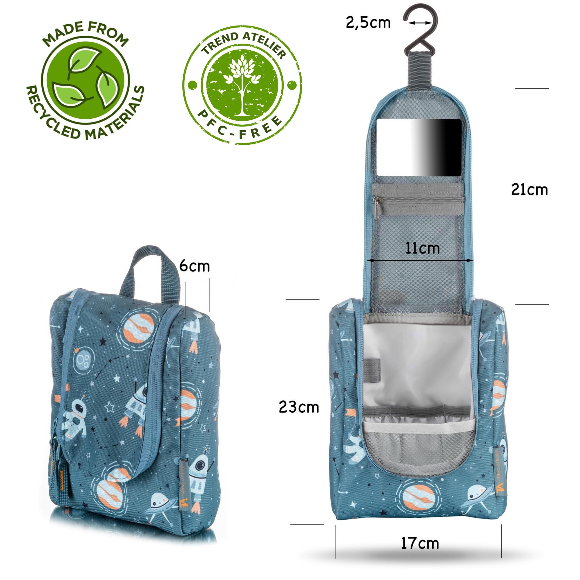 Beauty case bambini poliestere riciclato borsa da bagno sostenibile idrorepellente appendere Spazio Blu