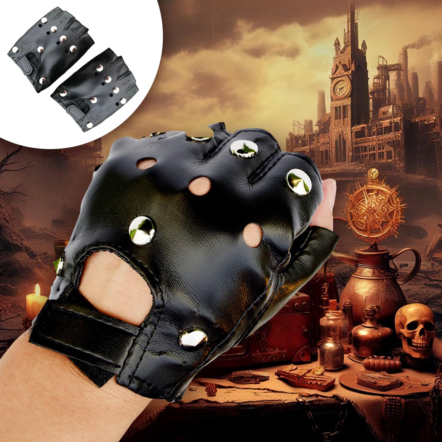 RmKbe Punk Gloves Leather Gloves Biker Gloves Half Finger PU Leather Black Glove Halloween Punk Gloves Fancy Dress Accessory for Men - Image 4