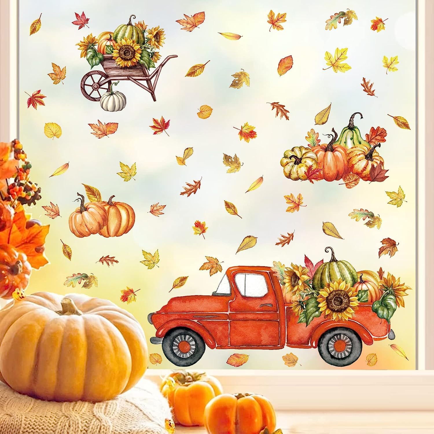 KAIRNEAutumn Pumpkin Window Stickers for Fall Season,Maple Leaves Leaf Wall Art Decal for Outdoor Thankgiving Window Clings Fall Decorations