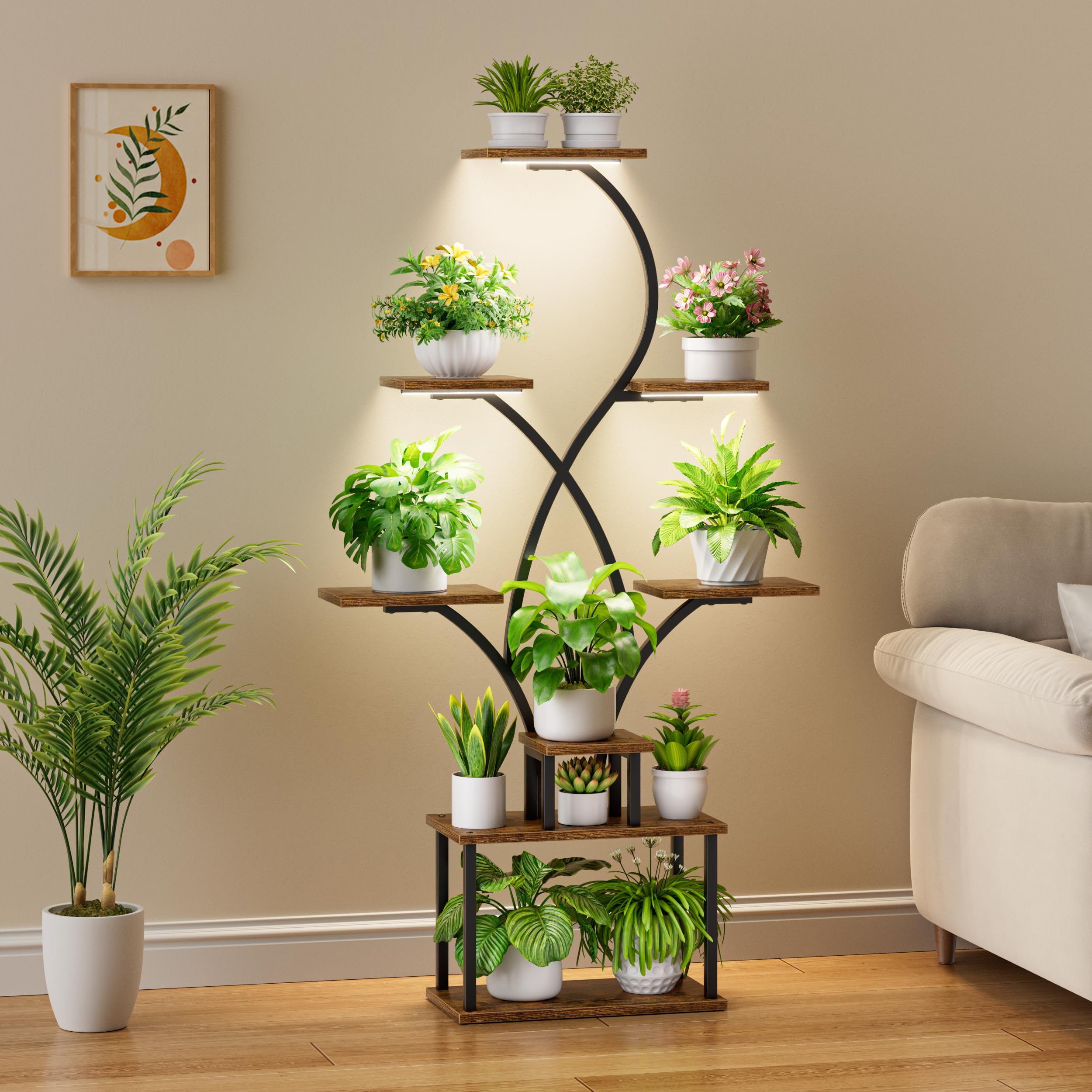 BACEKOLL Estantería para plantas con luz de crecimiento, 8 niveles, 158 cm, metal y madera, soporte para plantas para interior y exterior, color negro