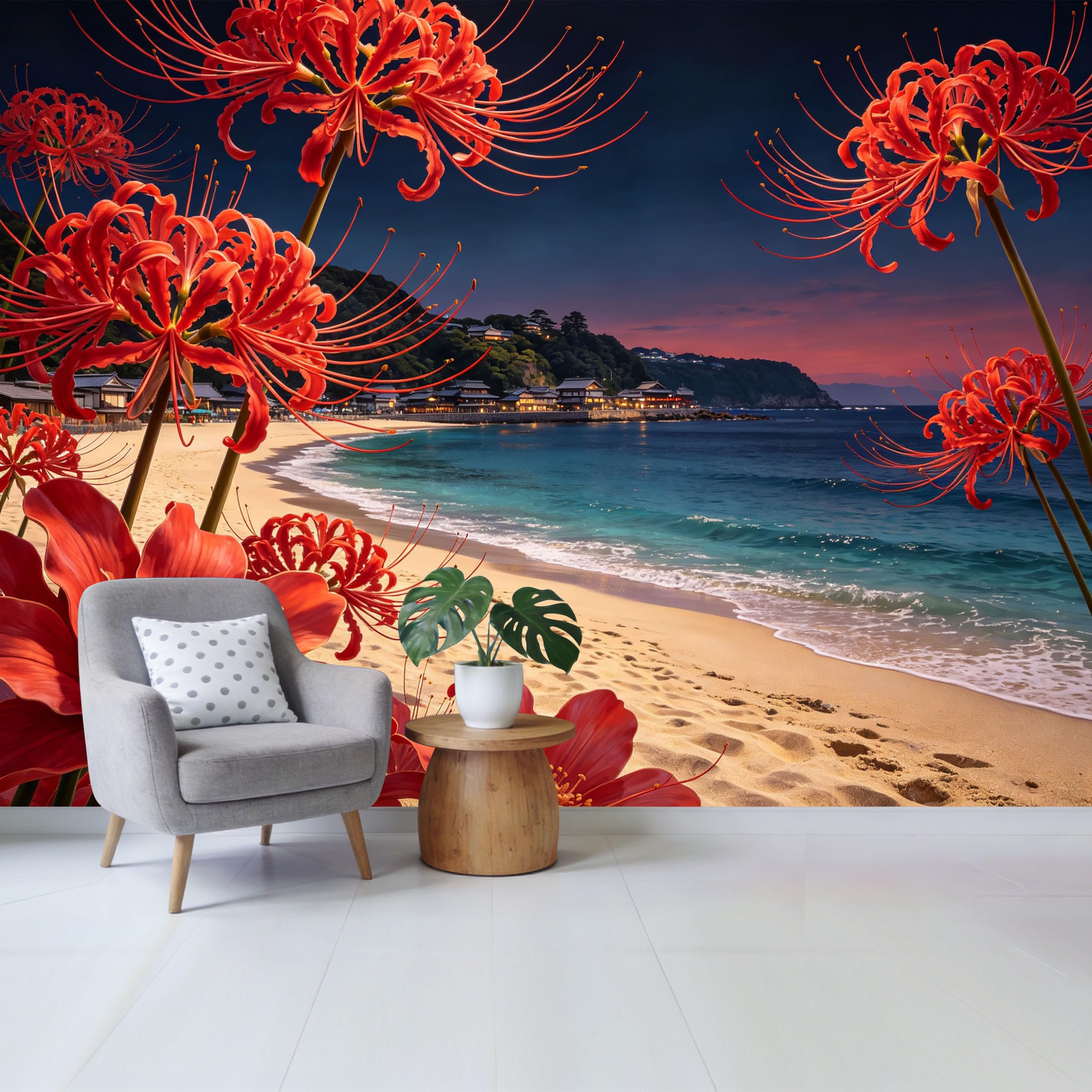Qzlithotic Yq2605251205 Custom Size Wall Mural Red Spider Lily Coastal Beach Sunset Landscape Oil Painting Selfadhesive Wall Fabric Removable Wallpaper For Home Office Decor