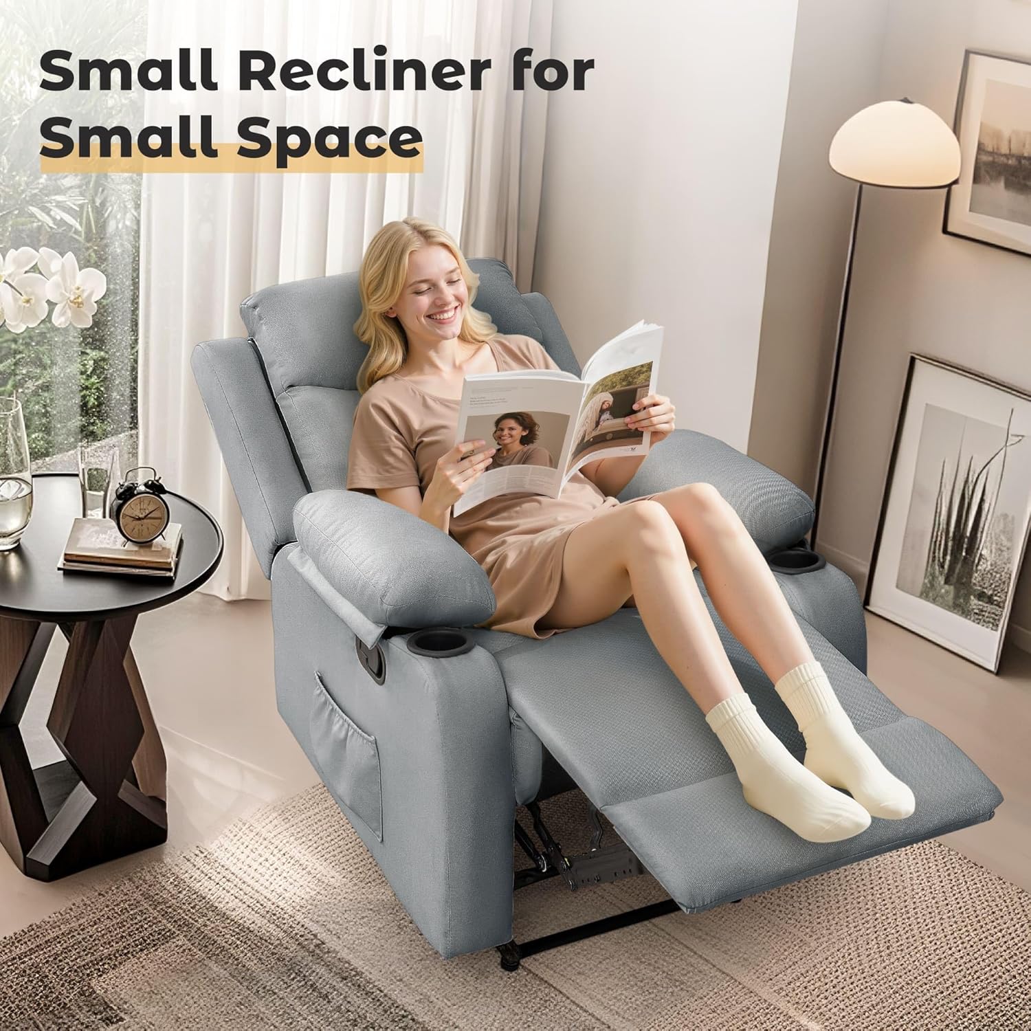 Korser Recliner Chair for Adults, Small Recliners for Small Spaces, Nursery Recliner with Adjustable Backrest, Manual Recliner with Cup Holders and Side Pockets, Chair for Living Room, Lightgrey
