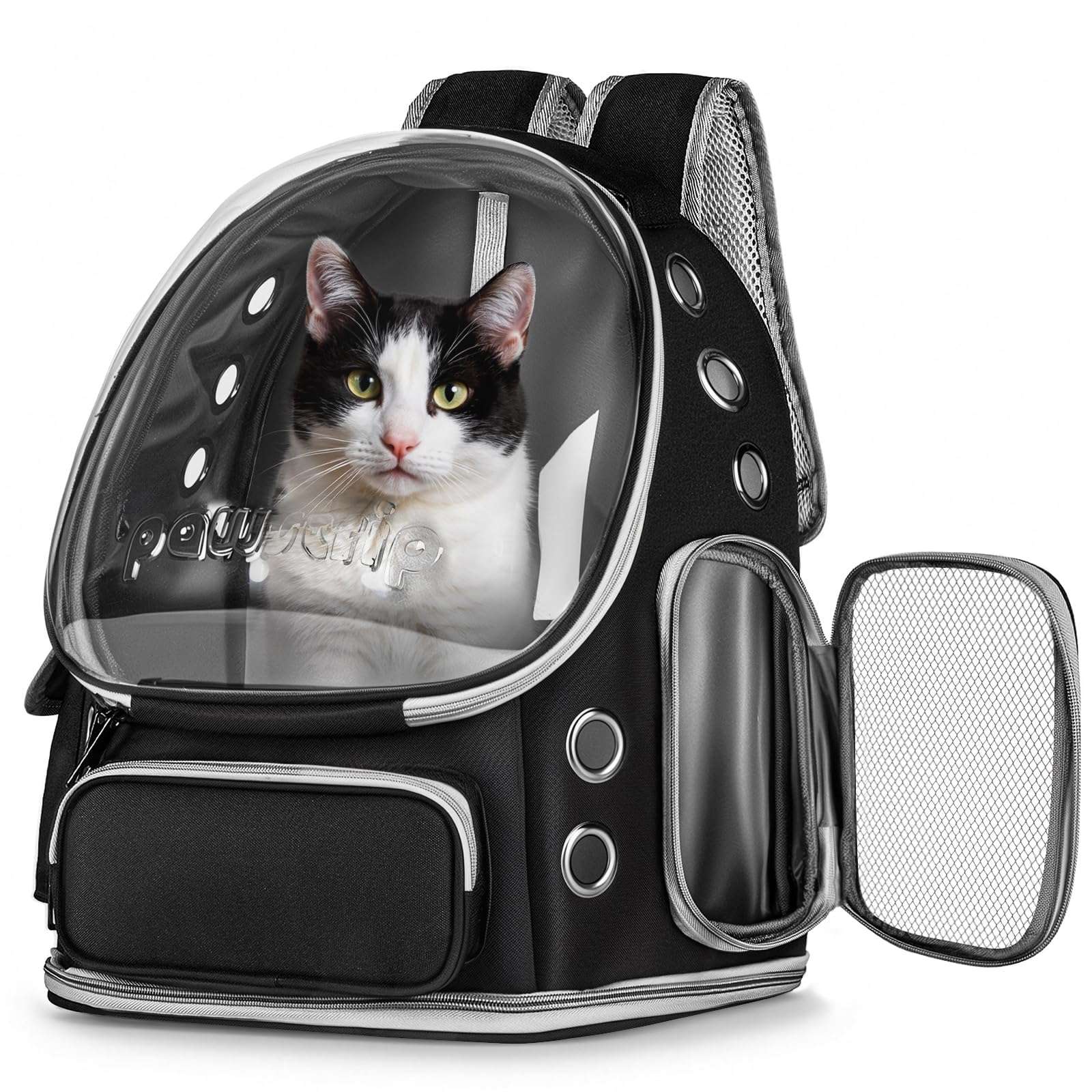 Katzenrucksack mit großem Raumkapsel-Fenster, flugzugelassene atmungsaktive Haustiertasche für kleine Hunde & Katzen bis 6,8kg (15lbs), faltbar für Reisen Wandern & Outdoor(Schwarz)