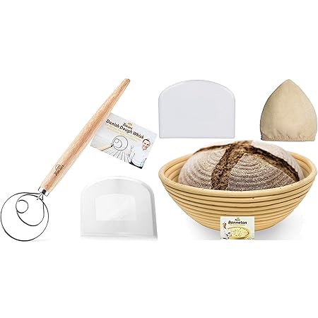 Amazon Com Danish Dough Whisk Bread Mixer And Bread Bosses 9 Inch Banneton Proofing Basket Great As A Gift Home Kitchen